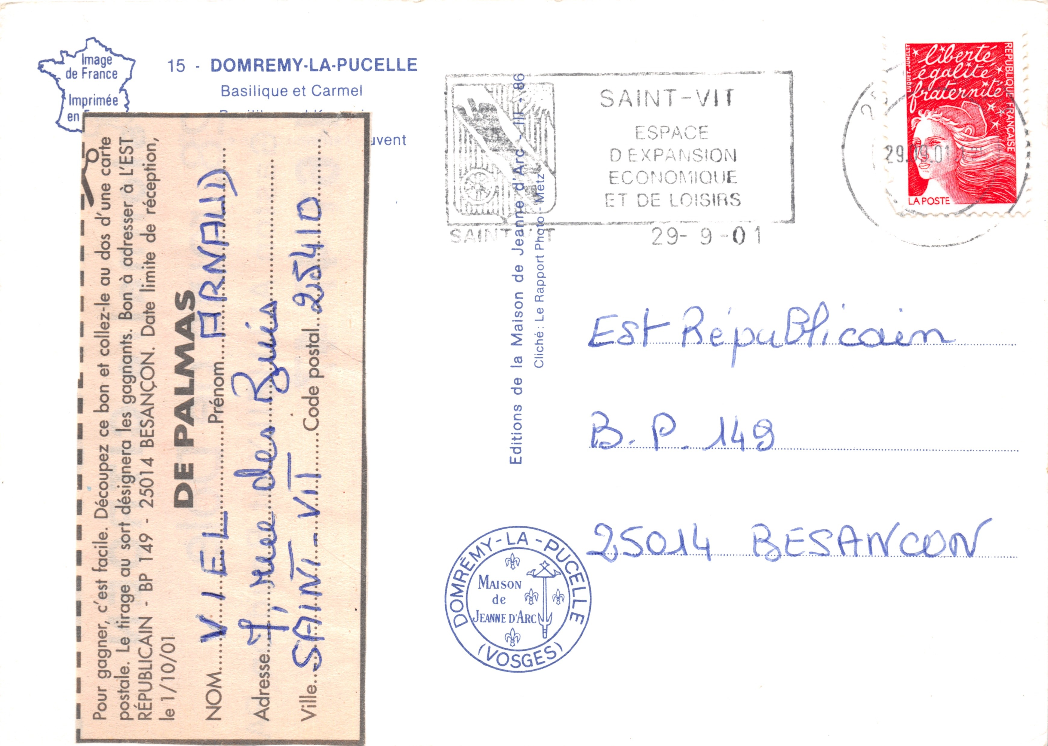 Basilique de Saint-Vit — vue aérienne — Éditions de la Maison de Jeanne d'Arc, n° 15 — Verso