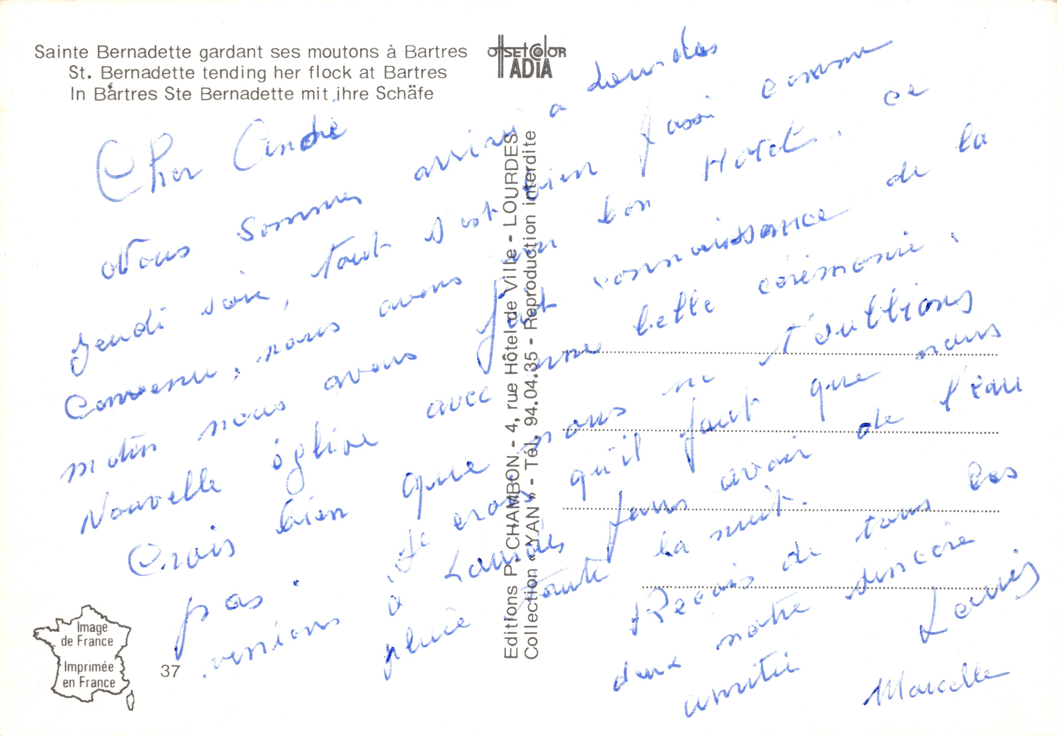 Sainte Bernadette — gardant ses moutons à Bartres — éditeur ADIA, n°37 — Reverso