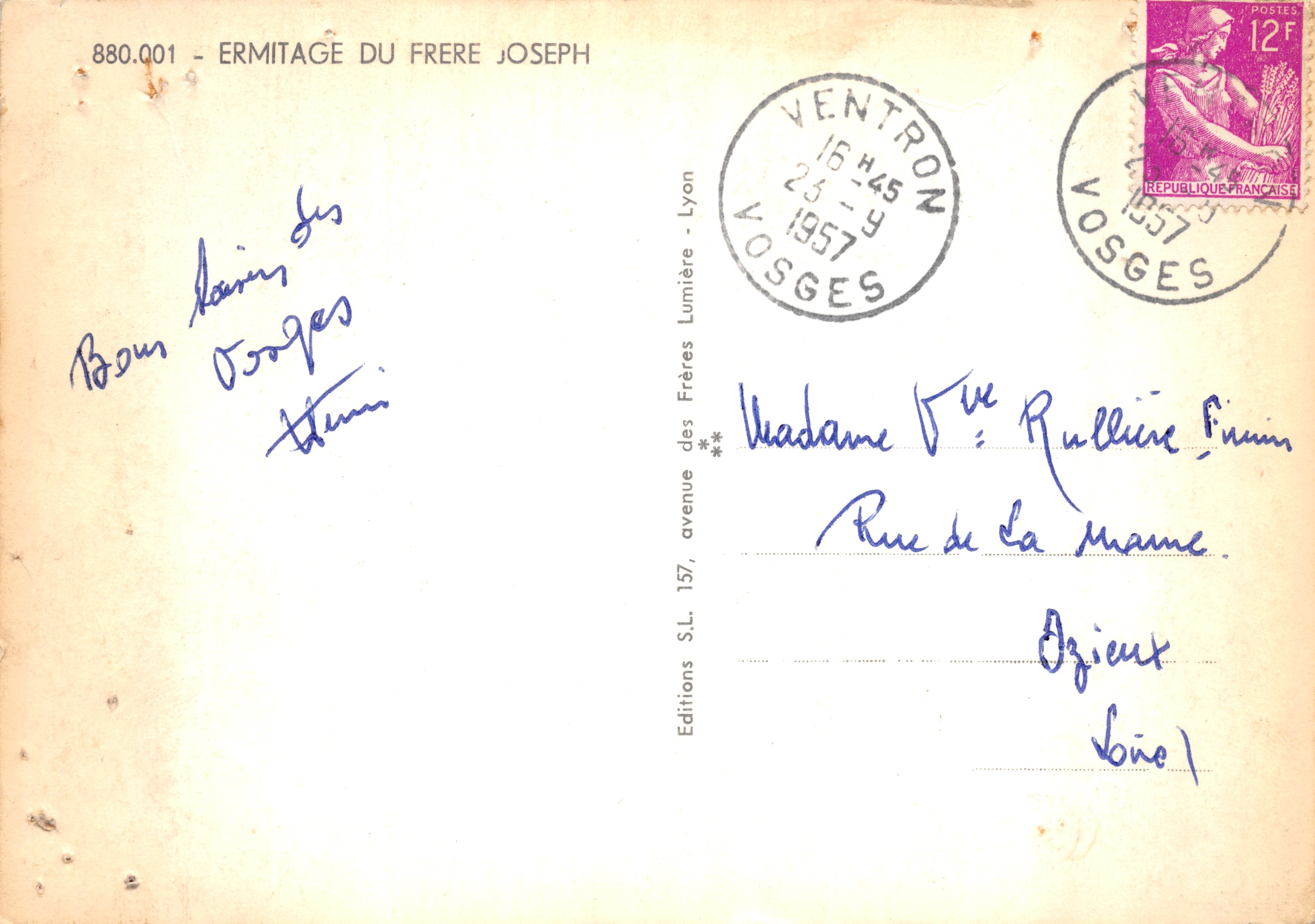 Ermitage du Frère Joseph — collage de paysages et bâtiments dans les Vosges — Éditions des Frères Joseph, Lyon — Verso