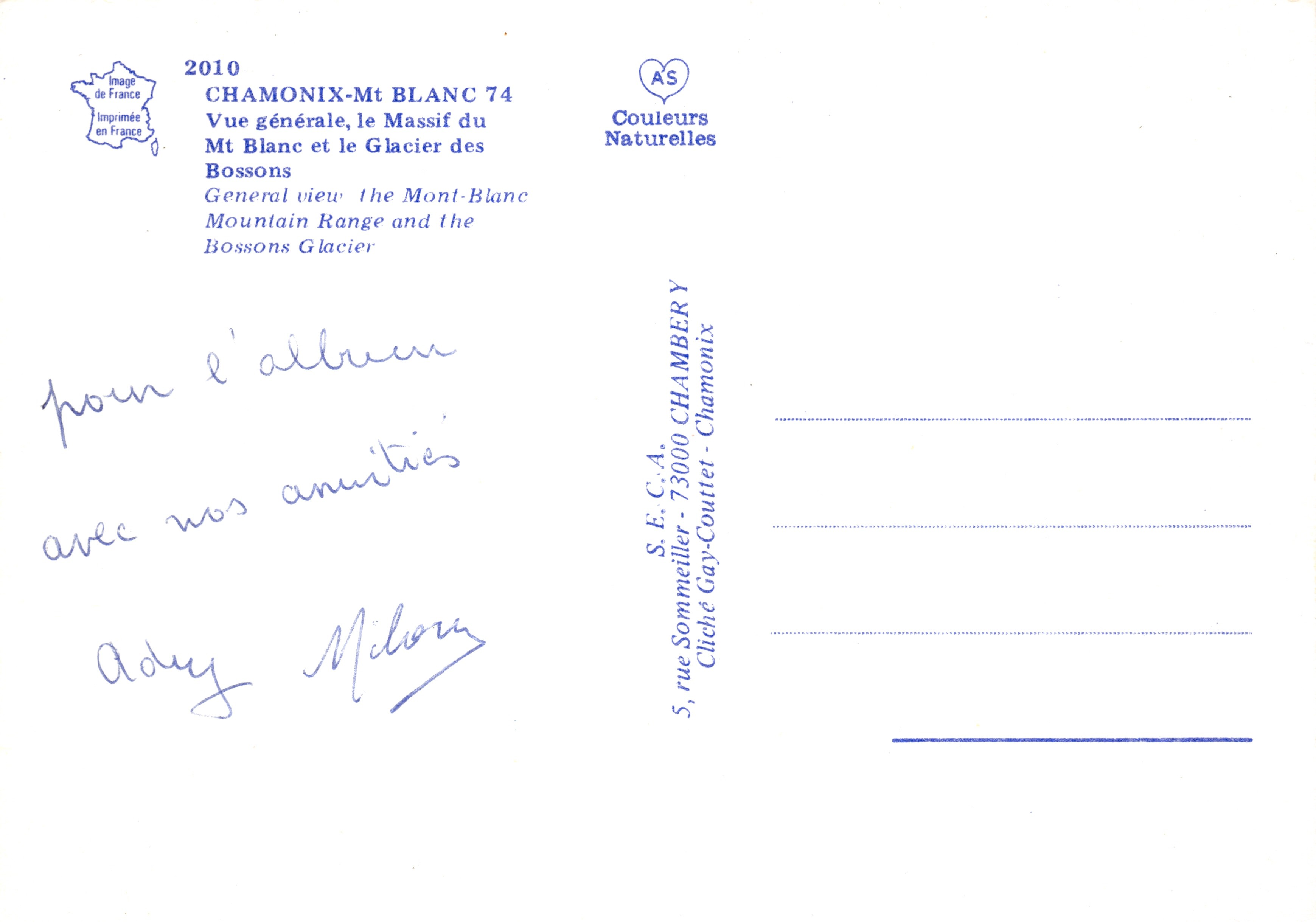 Chamonix — Vue générale du Mont Blanc et du glacier des Bossons — Imprimée par S.E.C.A. n°74 — Verso