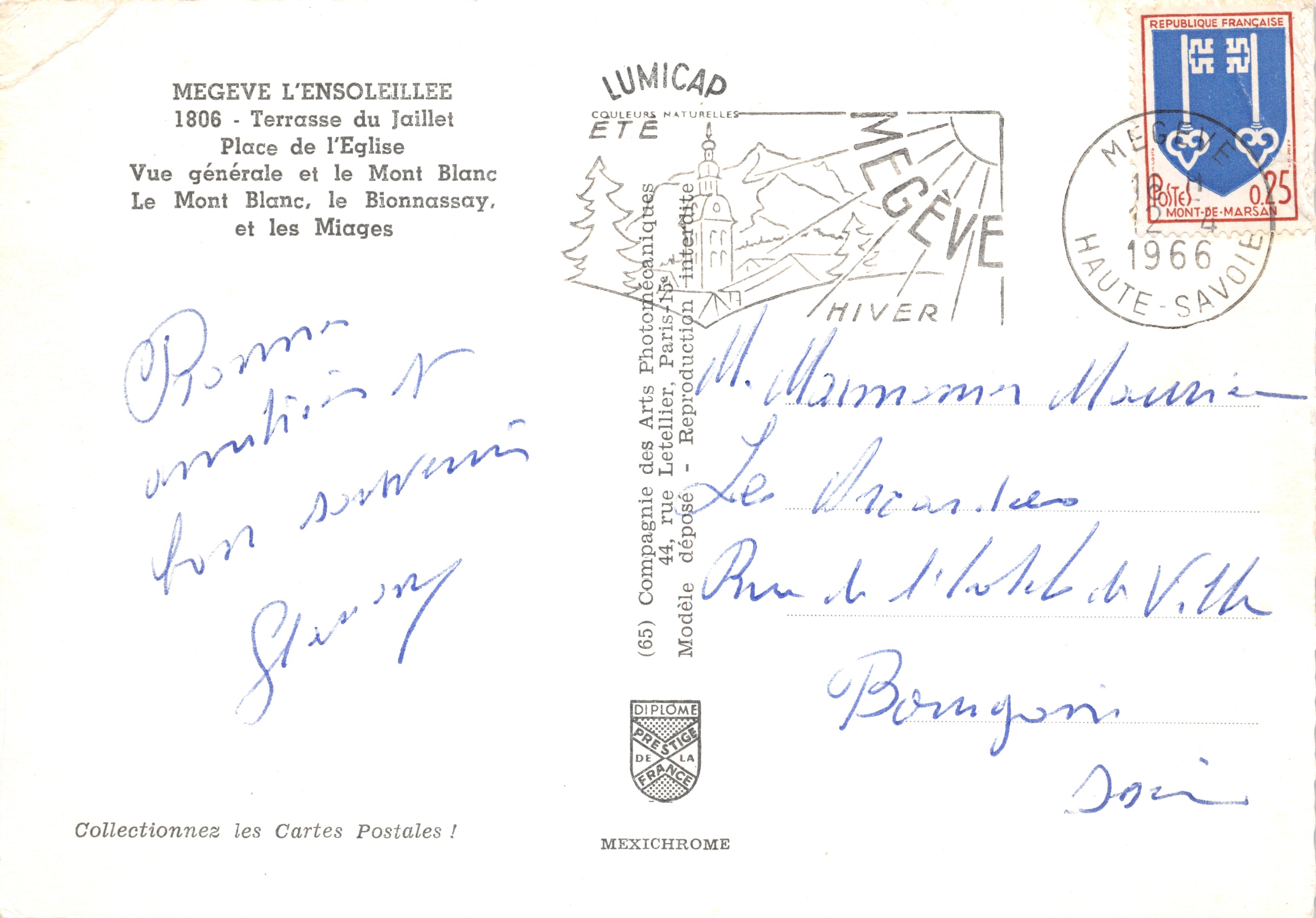Mégeve l'Ensoleillée — vue panoramique avec le Mont Blanc et les Miages — éditeur IRIS — Rückseite