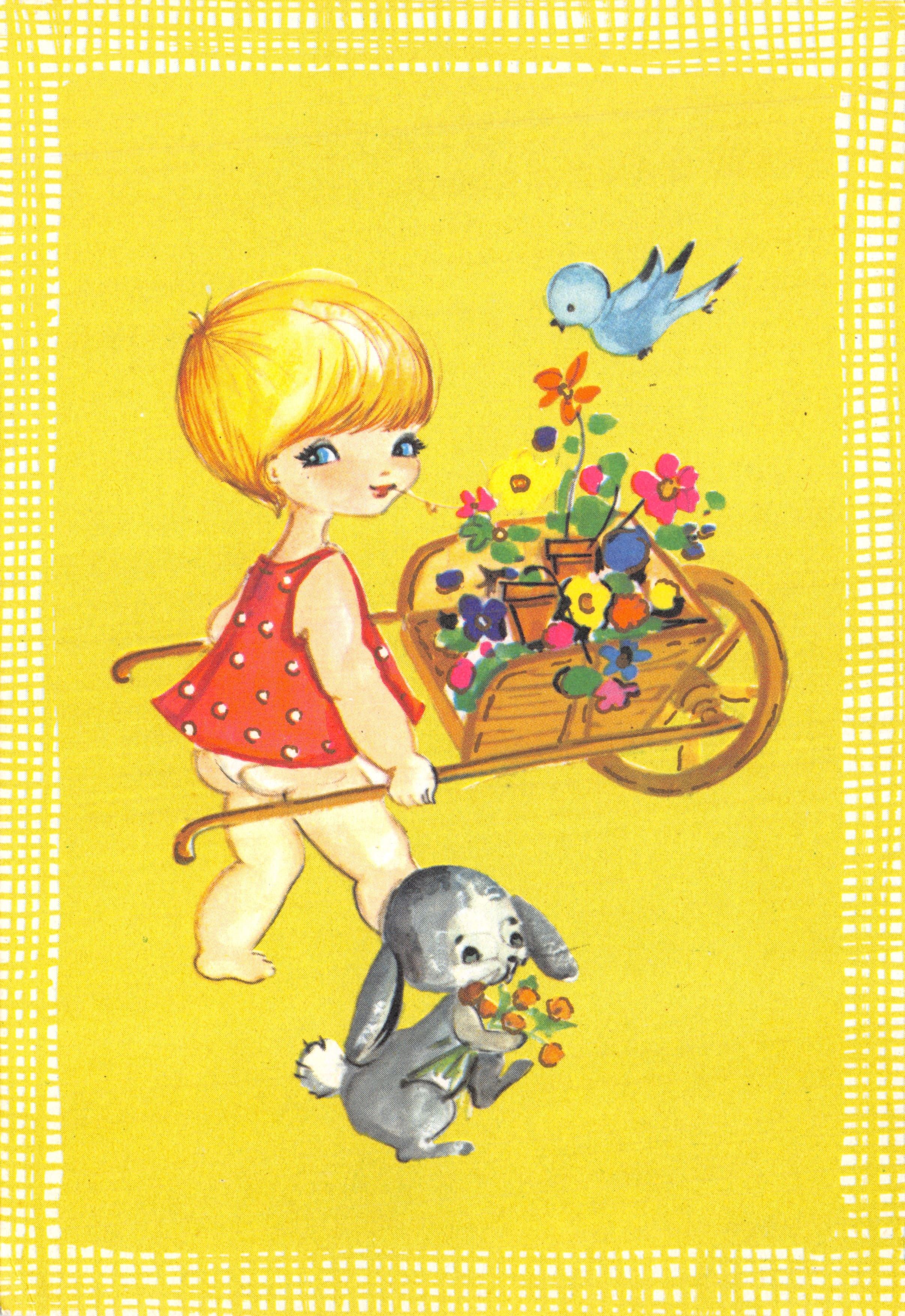 Fille avec un chariot de fleurs — illustration enfantine — éditeur Dep. — imprimé en Italie