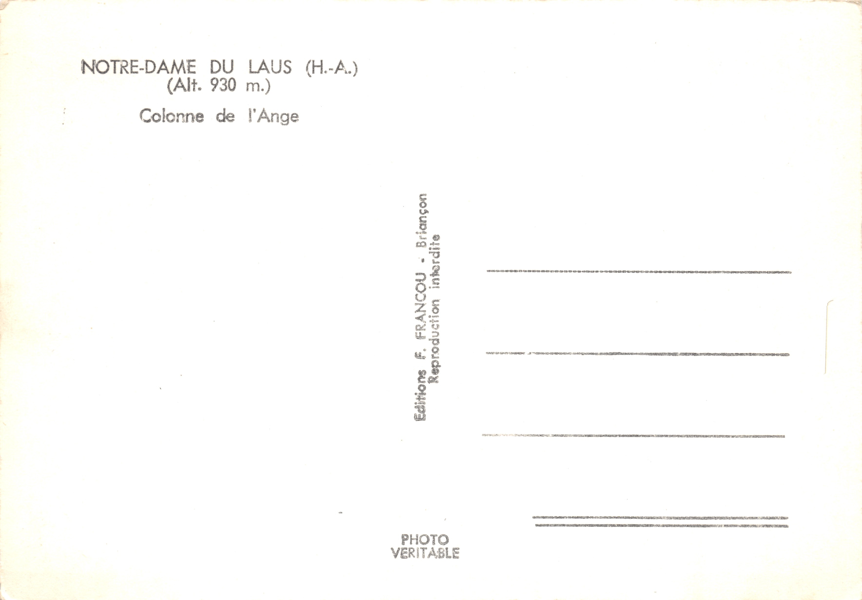 Notre-Dame du Laus (H.-A.) — Colonne de l'Ange (Alt. 930 m.) — Éditions F. FRANCOU — Verso