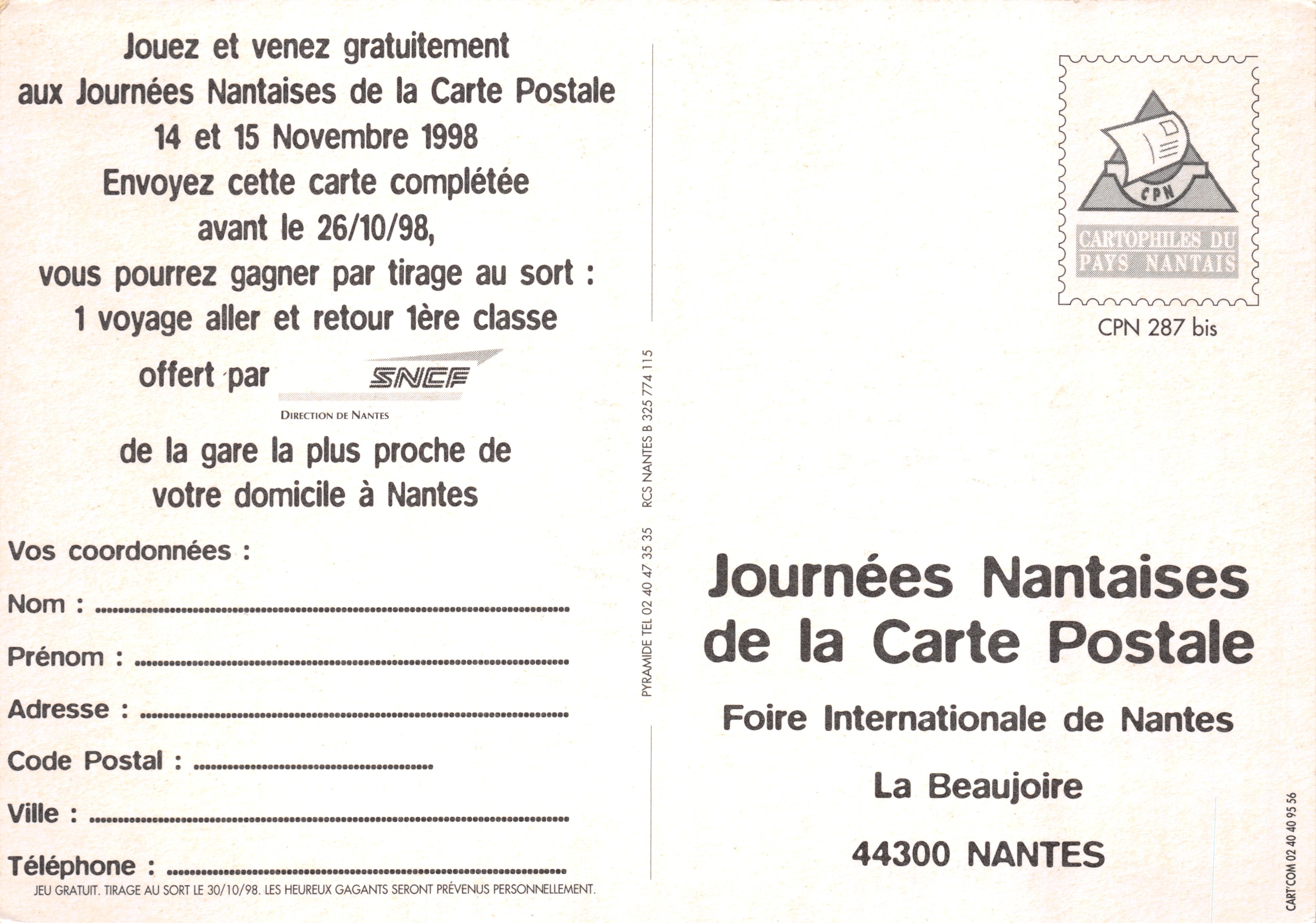 Nantes - Parc Expo La Beaujoire — Feria Internacional, Días de la Tarjeta Postal de Nantes, editada por CARTOPHILES DU PAYS NANTAIS — Reverso