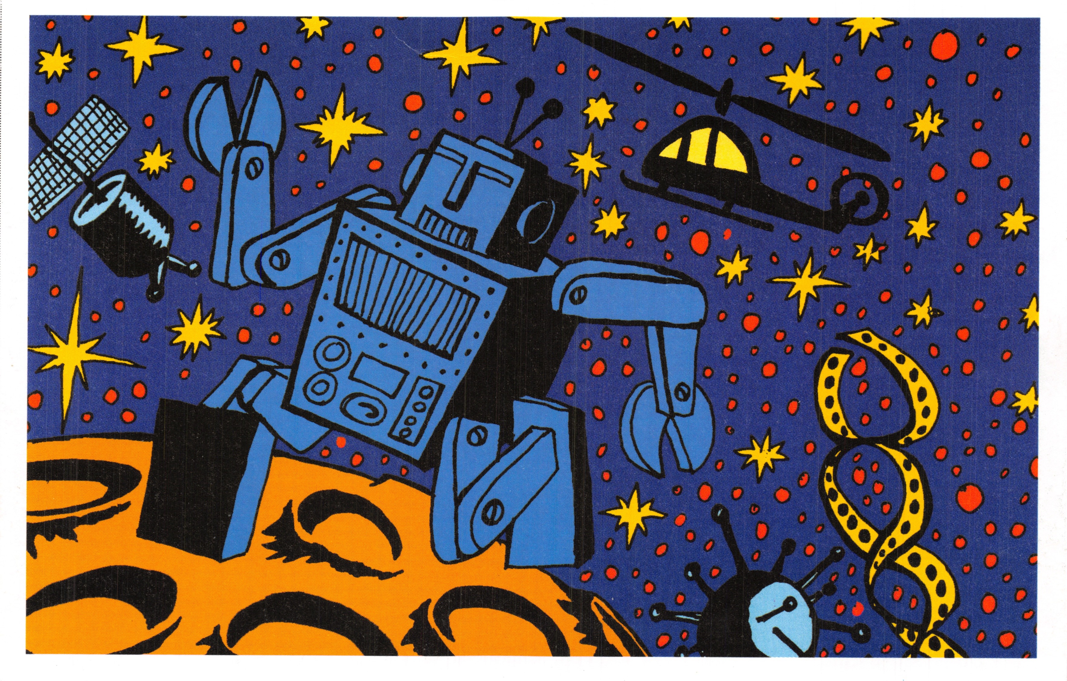 Robot dans l'espace — scène de science-fiction avec hélicoptère et satellite — illustrée par Hervé Di Rosa, série 'Le Siècle des sciences' (La Poste)