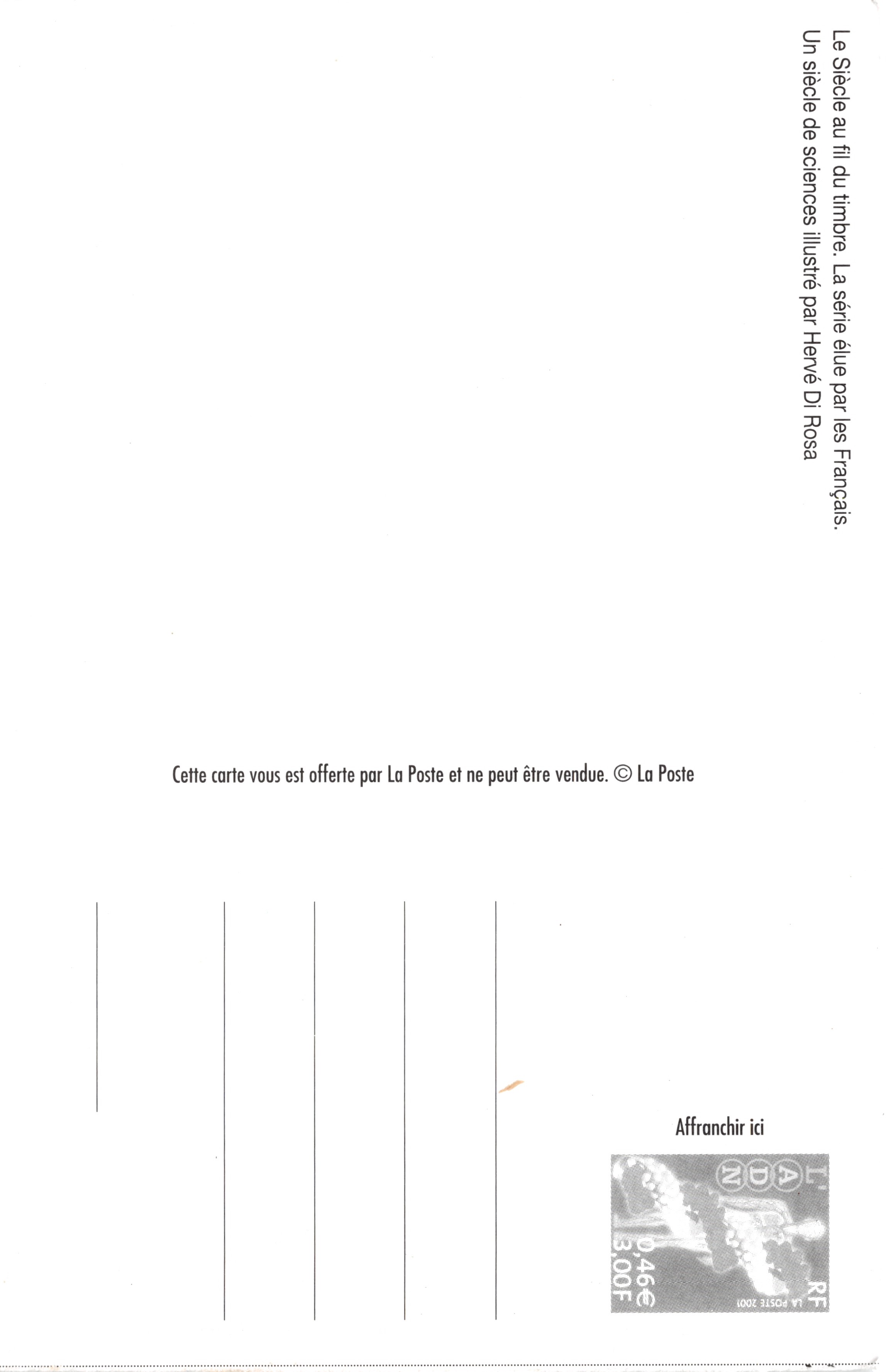 Robot dans l'espace — scène de science-fiction avec hélicoptère et satellite — illustrée par Hervé Di Rosa, série 'Le Siècle des sciences' (La Poste) — Verso