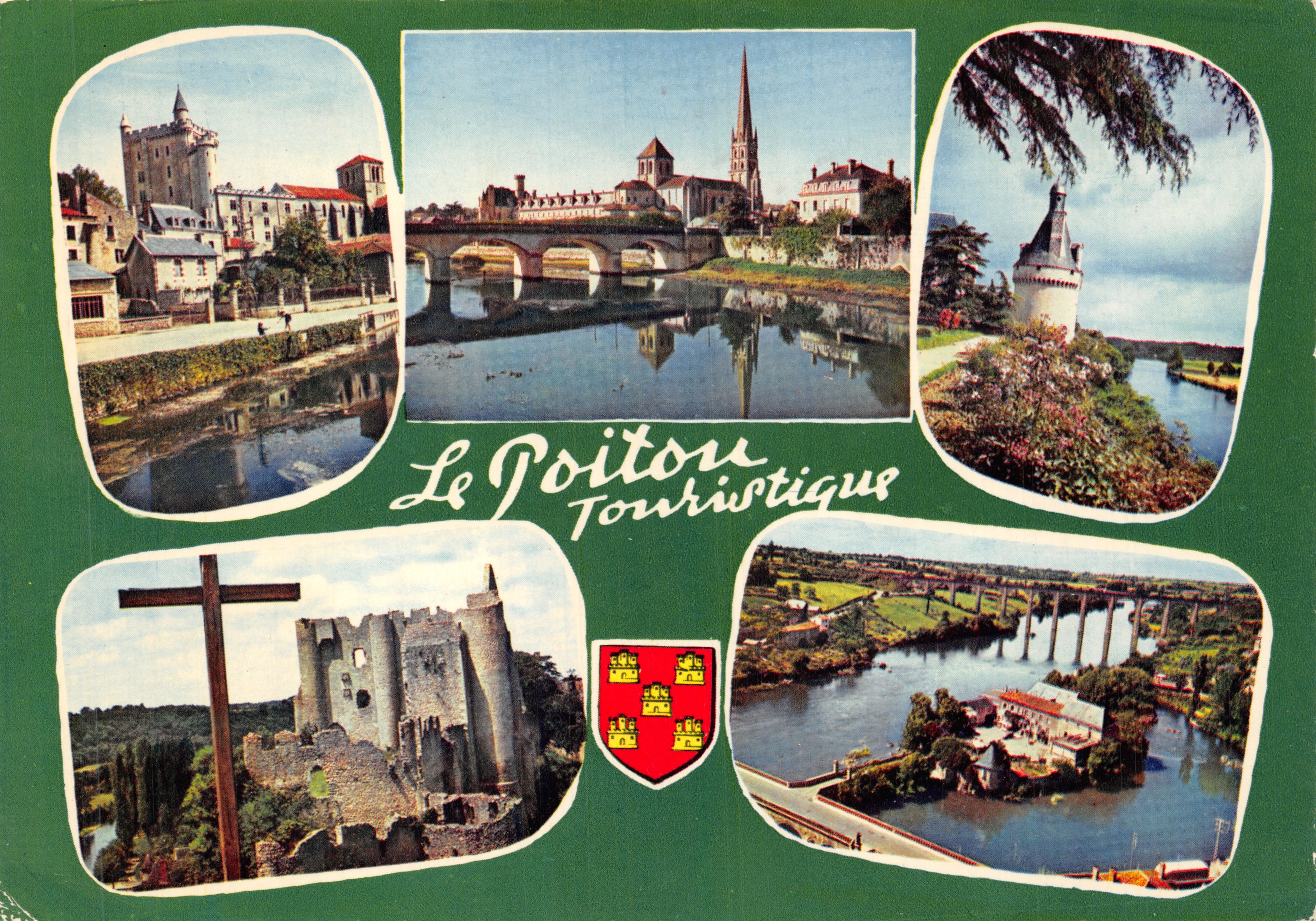 El Poitou Turístico — vista panorámica con castillo, puente, iglesia y viaducto — Ediciones Modernas