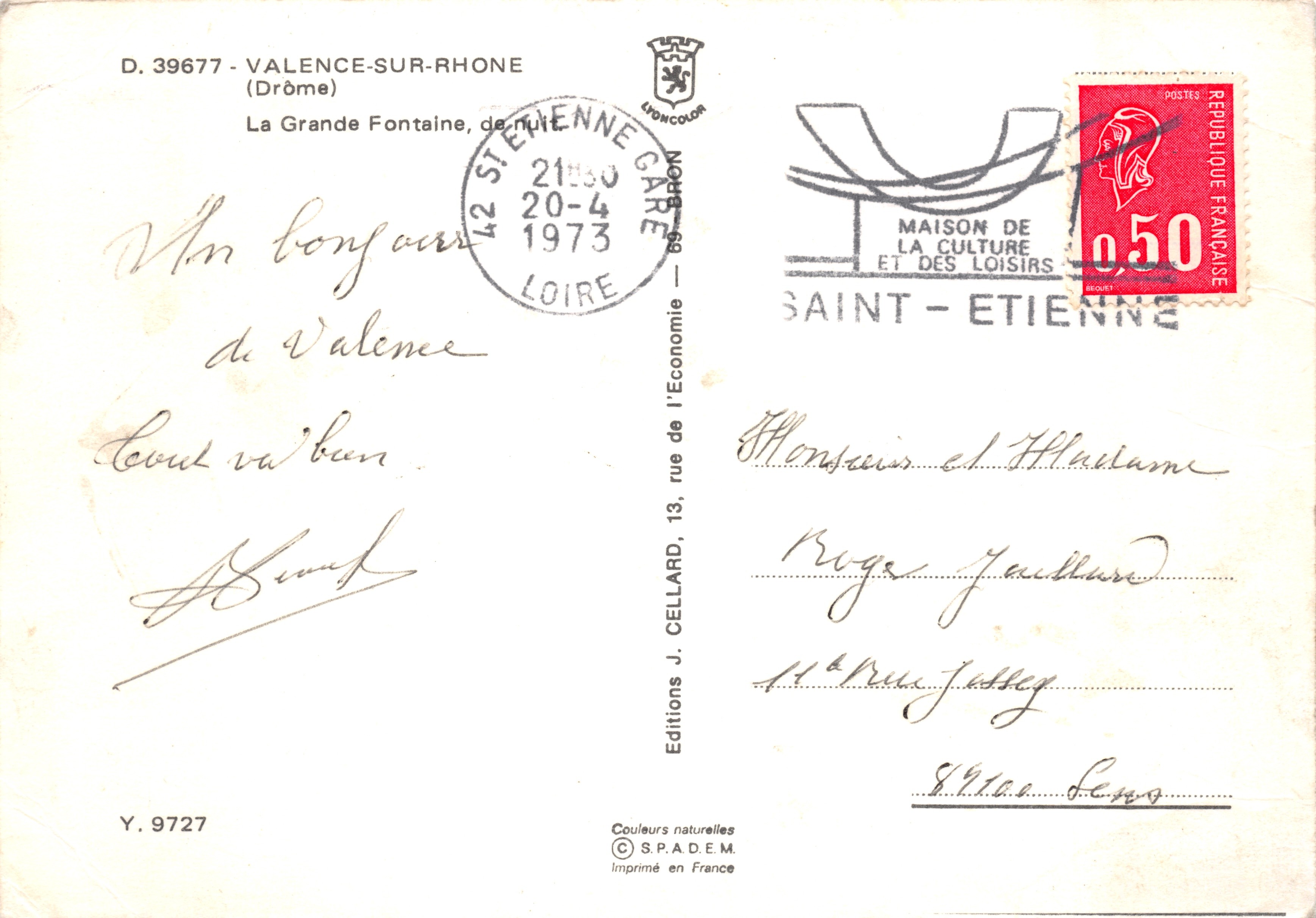 Valence la nuit — La Grande Fontaine, éditeur Editions J. Cellard, n° Y.9727 — Reverso