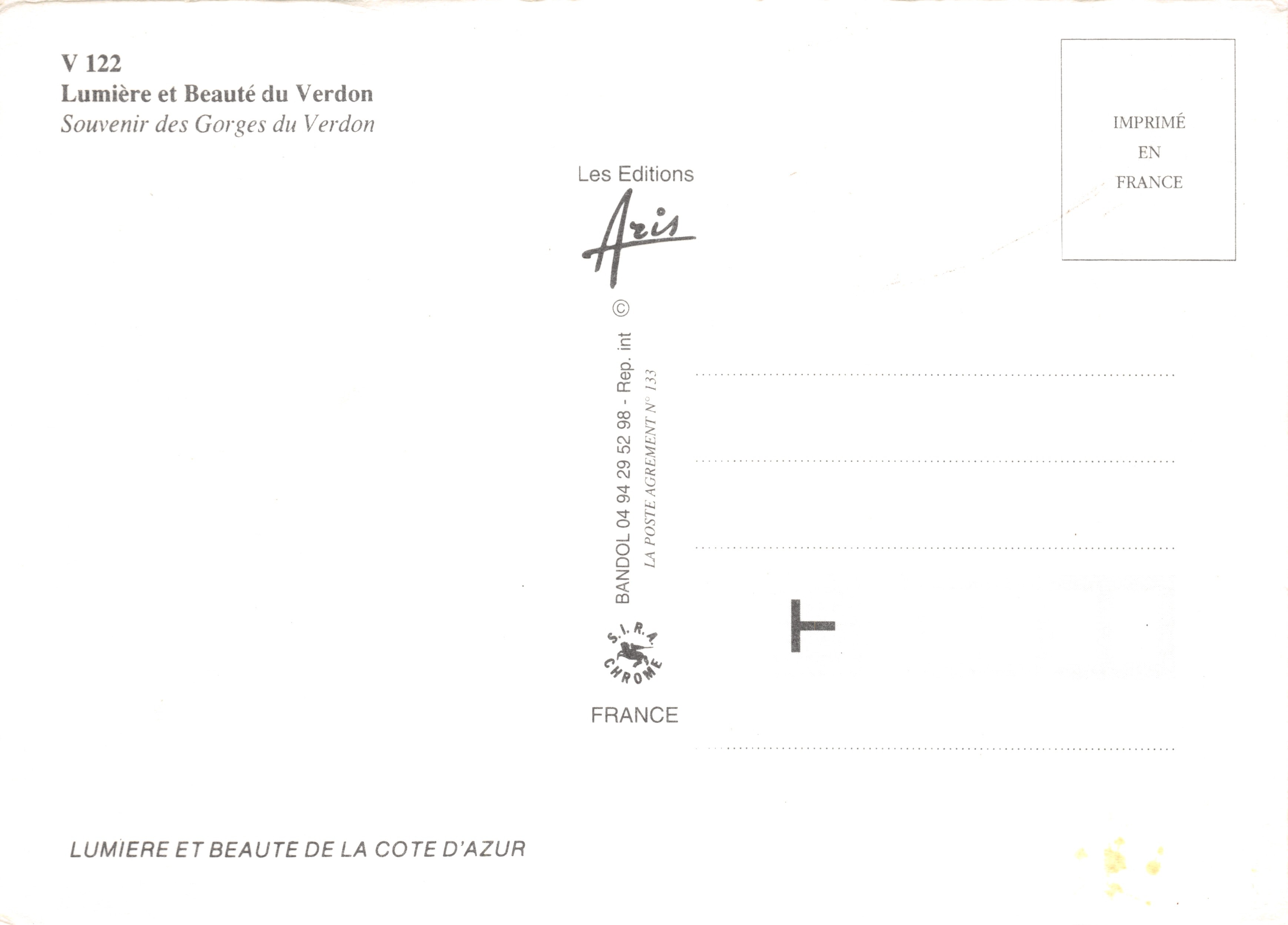 Les Gorges du Verdon — vue panoramique et paysages — Les Editions Aris, série V 122 — Achterkant