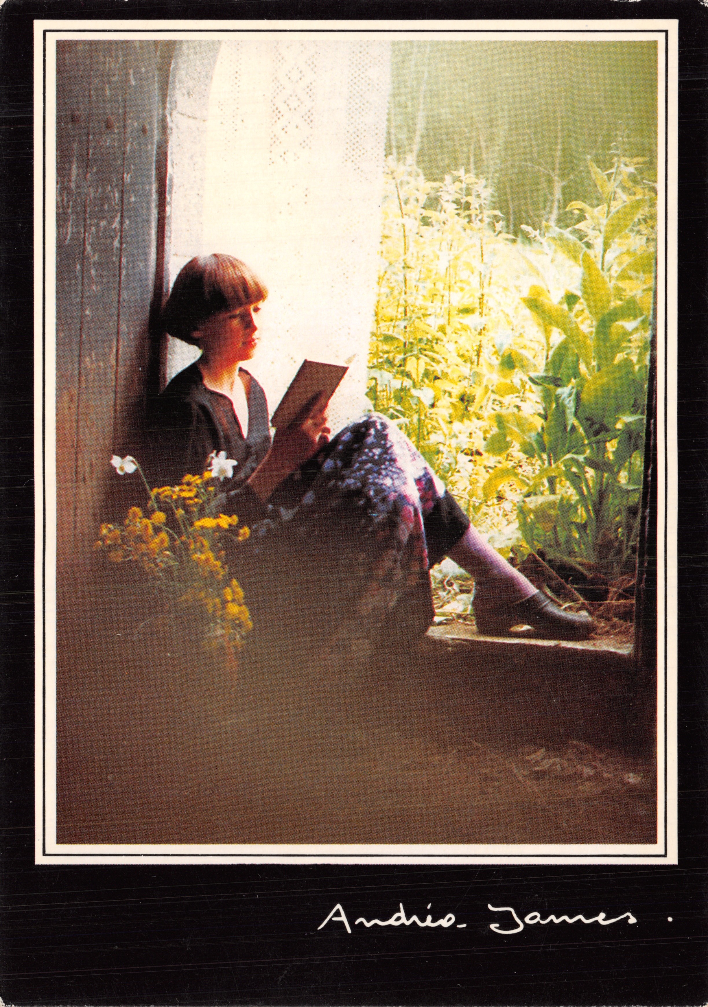 Femme lisant dans un jardin — scène ensoleillée — Andrée James