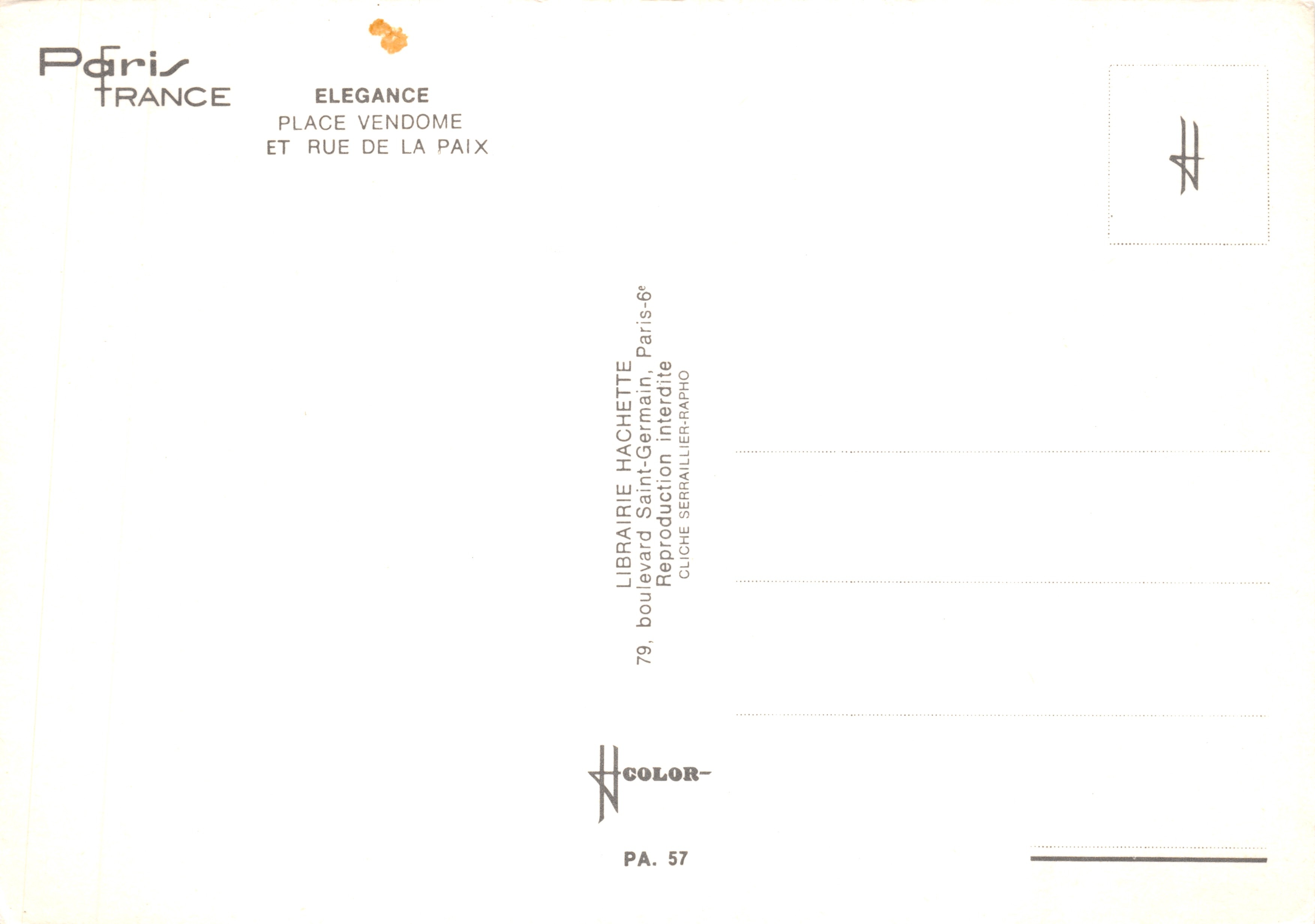 Place de la Bastille — vue avec colonne de la Bastille — éditeur Librairie Hachette, n° PA. 57 — Verso
