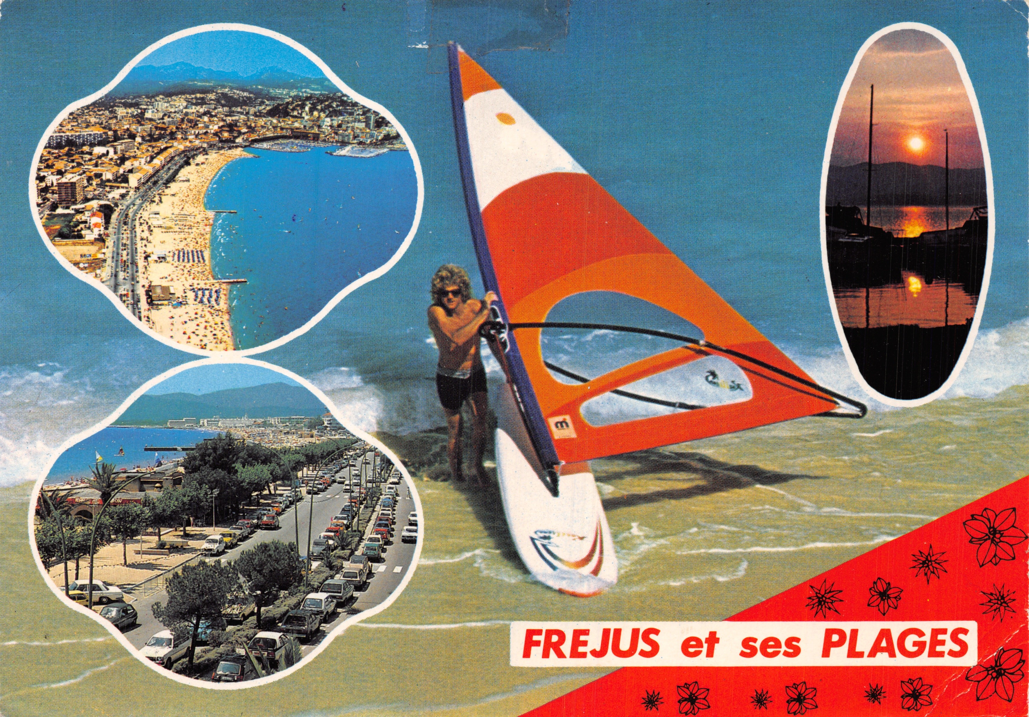 Frejus et ses plages — vue de la ville, plage et coucher de soleil, avec windsurfeur — Éditions Interfète