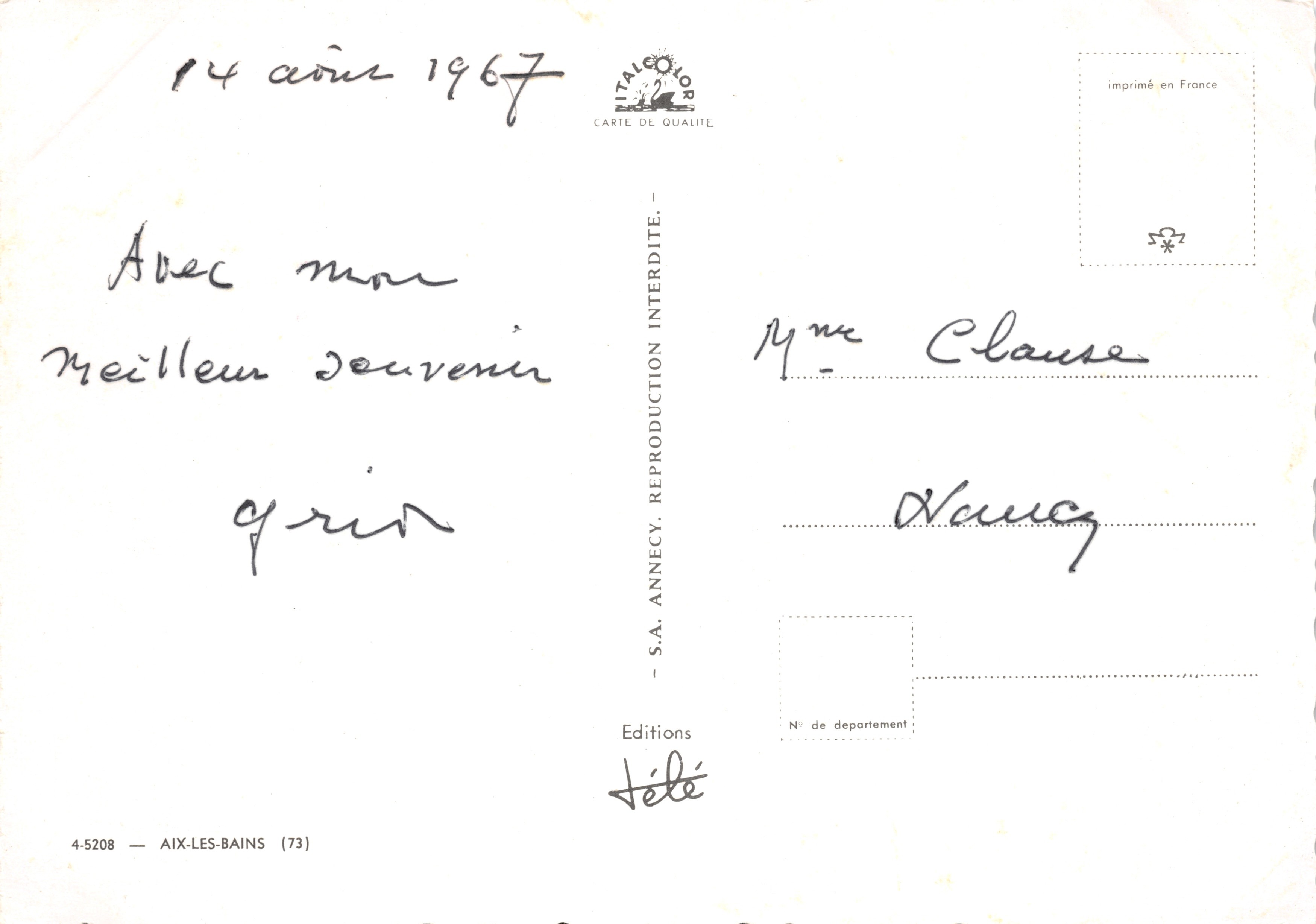 Aix-les-Bains — Souvenir d'Aix Les Bains — Éditions Télé — Rückseite