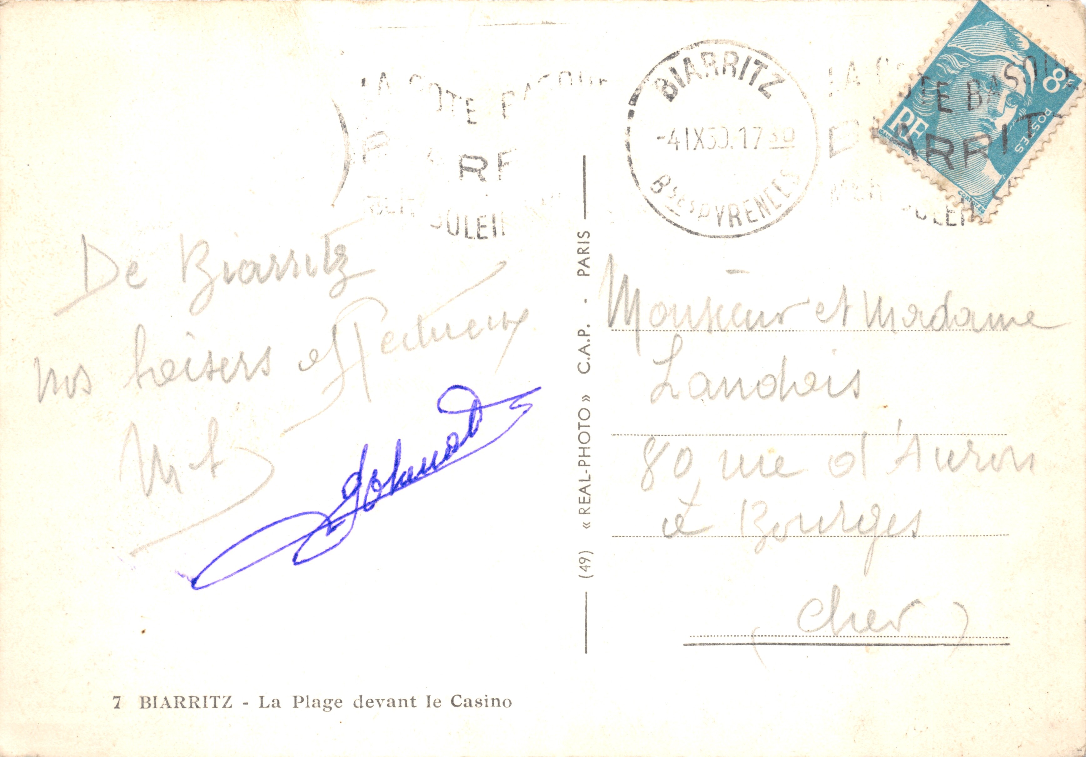 Biarritz — Vista de la playa frente al Casino — Editor C.A.P. n°7 — Reverso