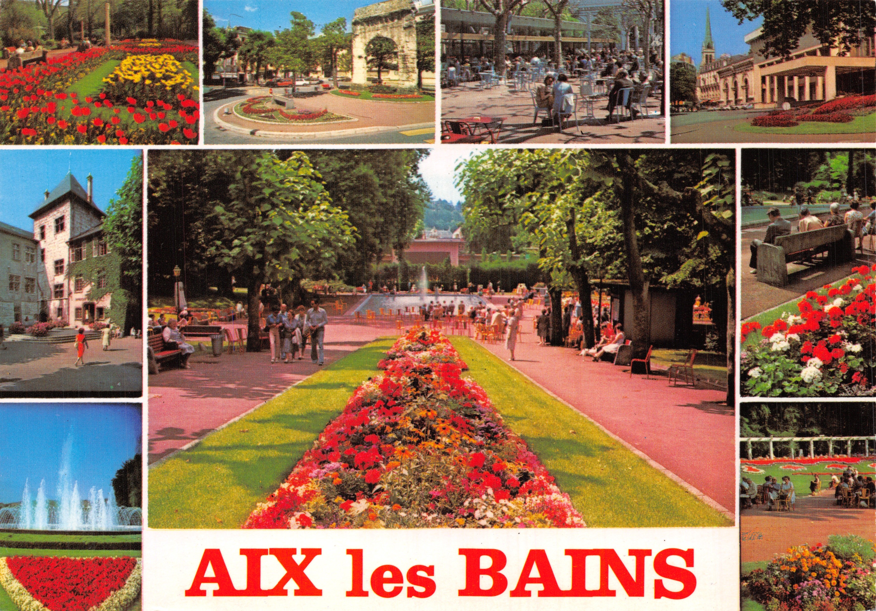 Aix-les-Bains — vue panoramique des jardins, fontaines et édifices — Édition ROSSAT-MIGNOD