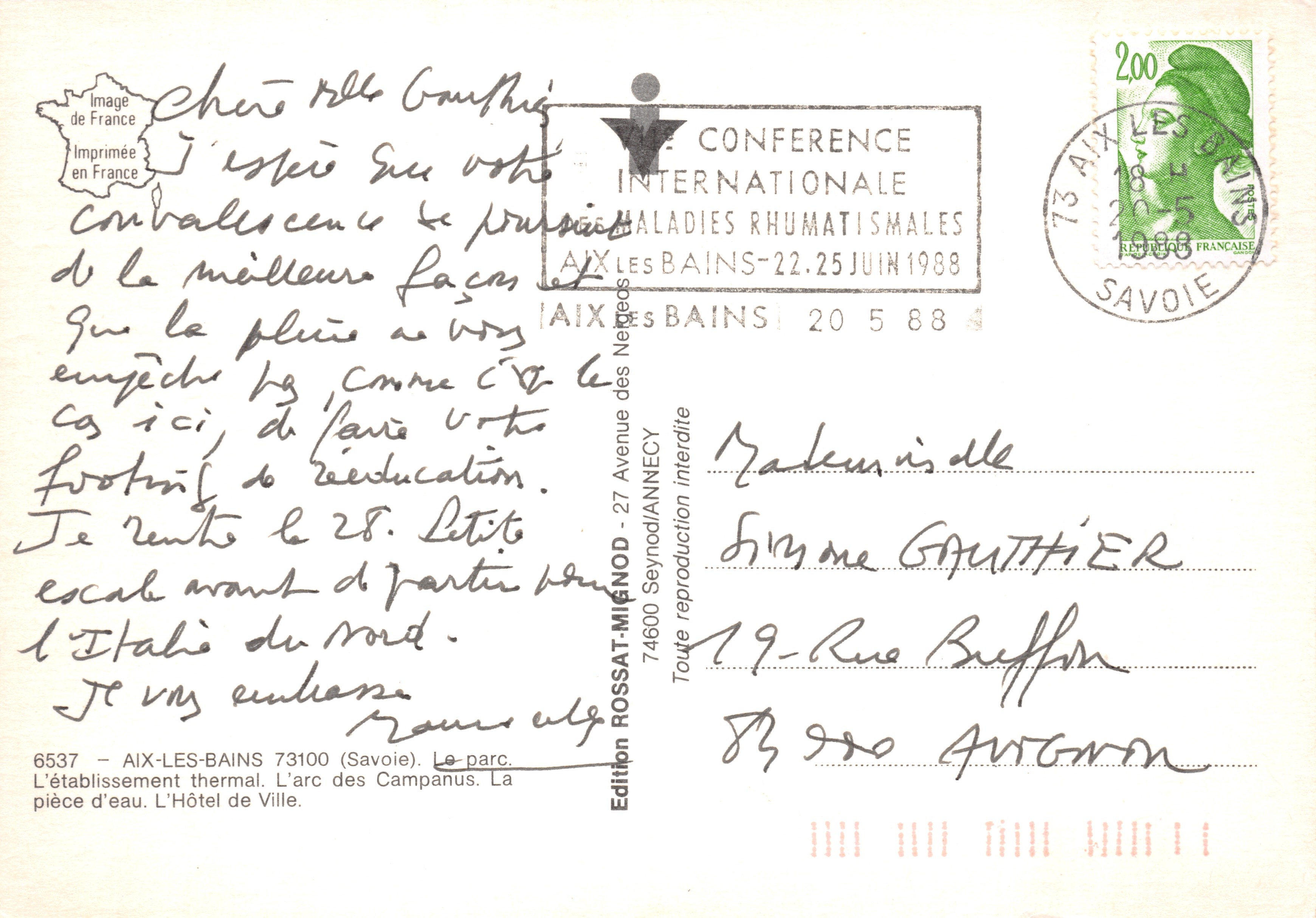 Aix-les-Bains — vue panoramique des jardins, fontaines et édifices — Édition ROSSAT-MIGNOD — Verso