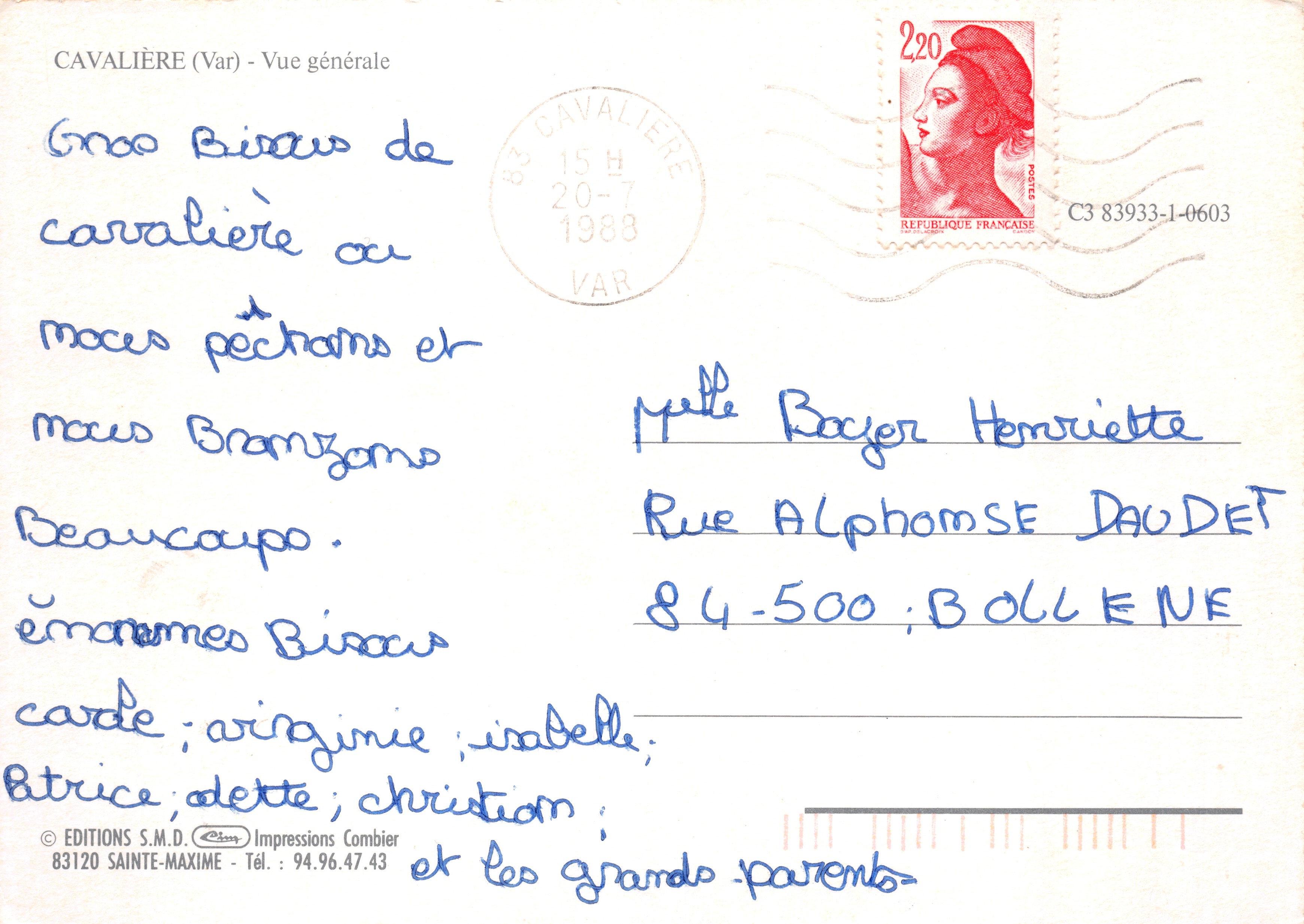 Cavalière — vue générale avec montagnes et mer — Éditions S.M.D. Impressions Combier — Verso