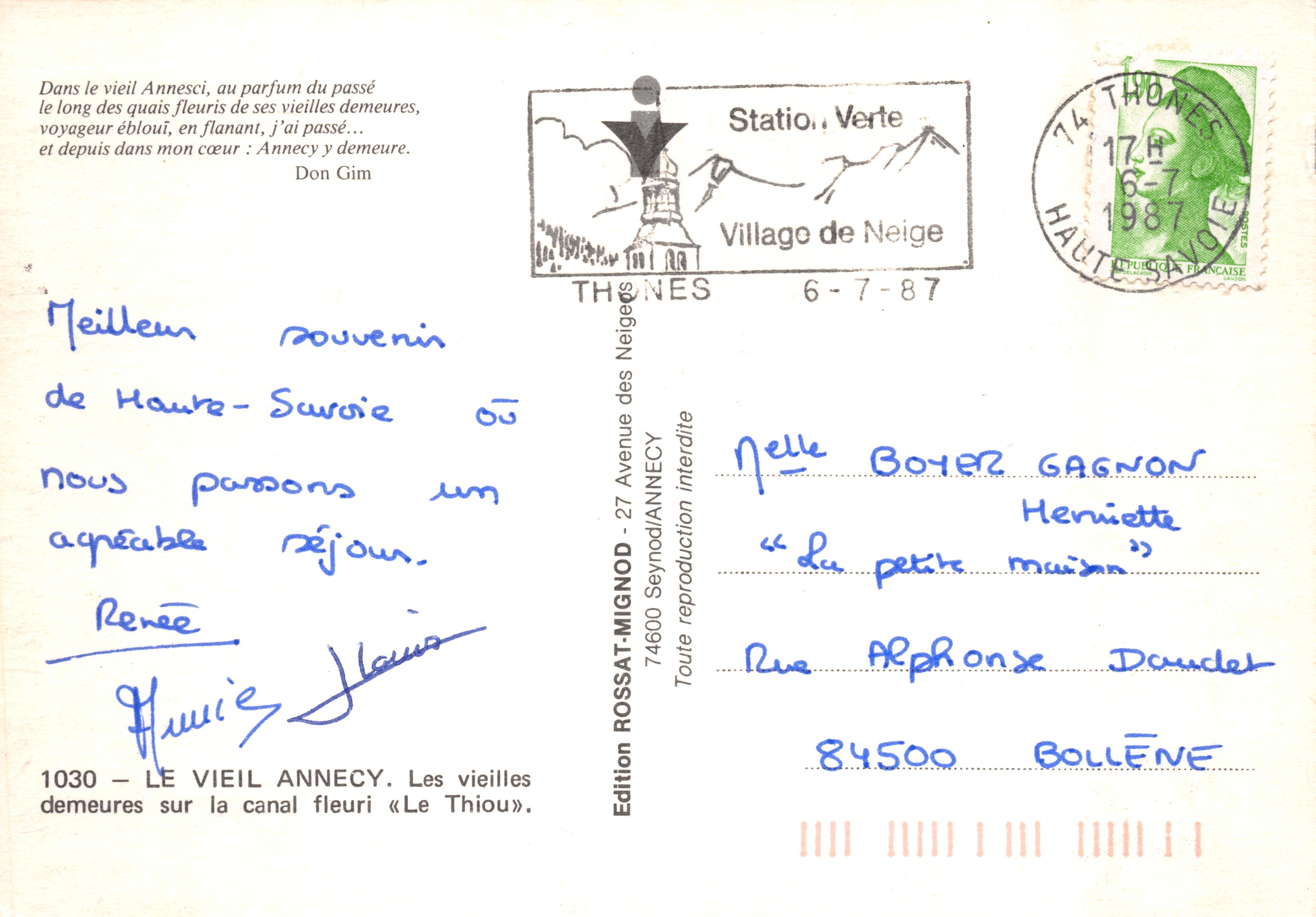 Annecy — vue sur le canal et les montagnes — Édition ROSSAT-MIGNOD — Verso