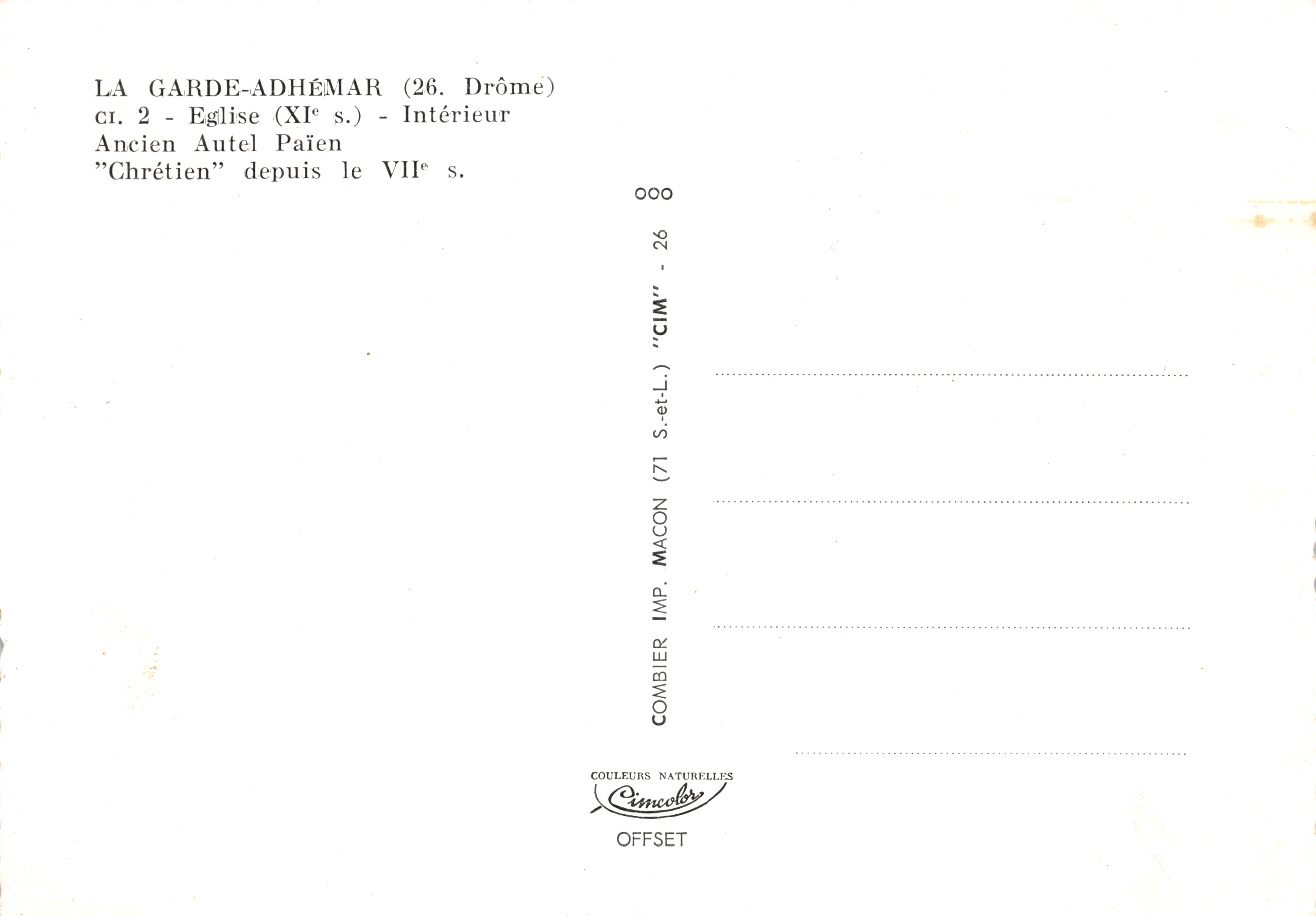 La Garde-Adhémar (26) — Intérieur de l'église avec autel païen ancien — IMPRIMÉ SUR LA CARTE — Verso