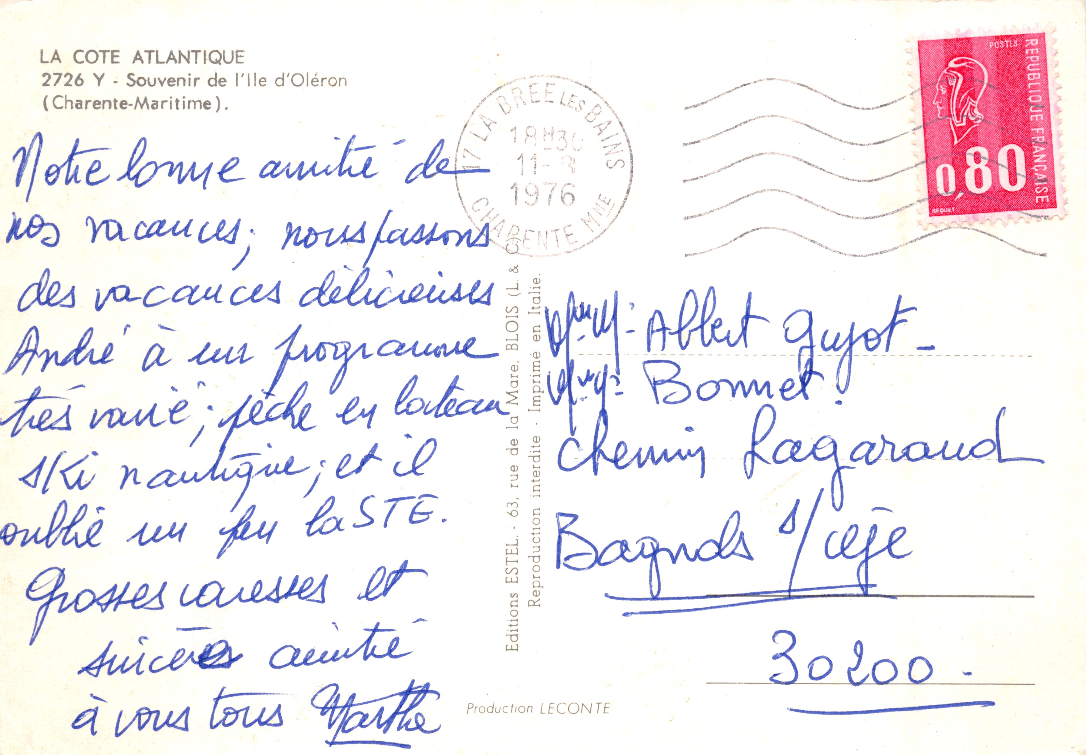 Île d'Oléron — Souvenir de l'Île d'Oléron — Éditions ESTEL & LECONTE, n°2726 Y — Verso