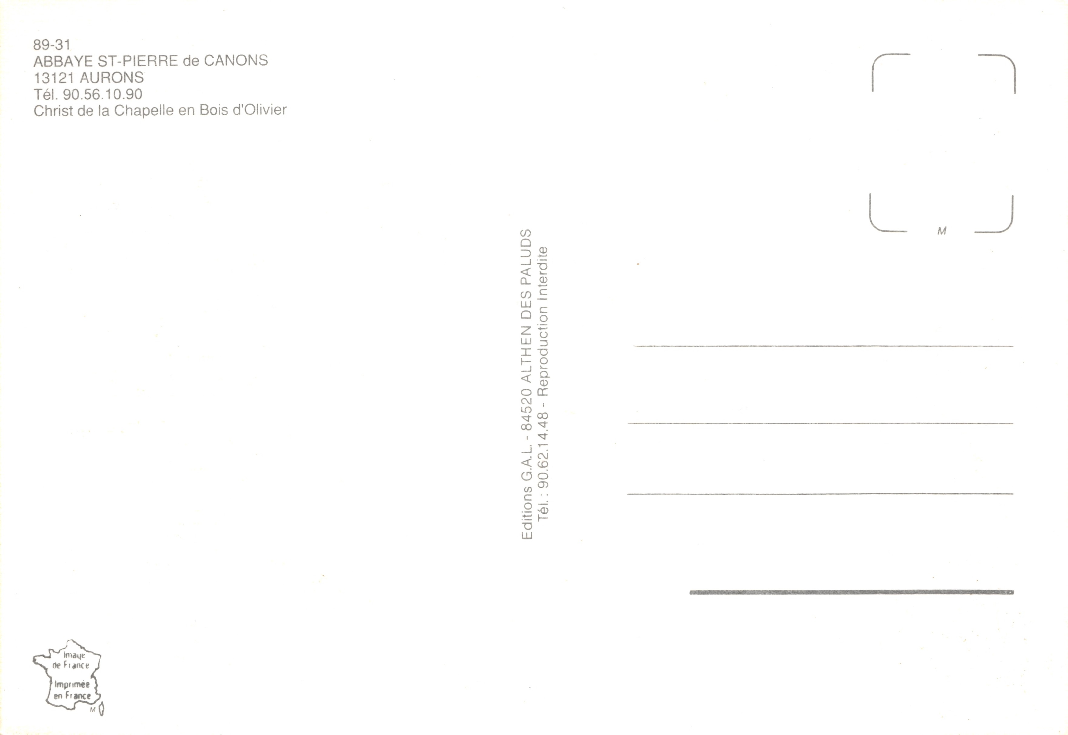 Cristo de la Chapelle en Bois d'Olivier — escultura de madera — editor Editions G.A.L. n°89-31 — Reverso