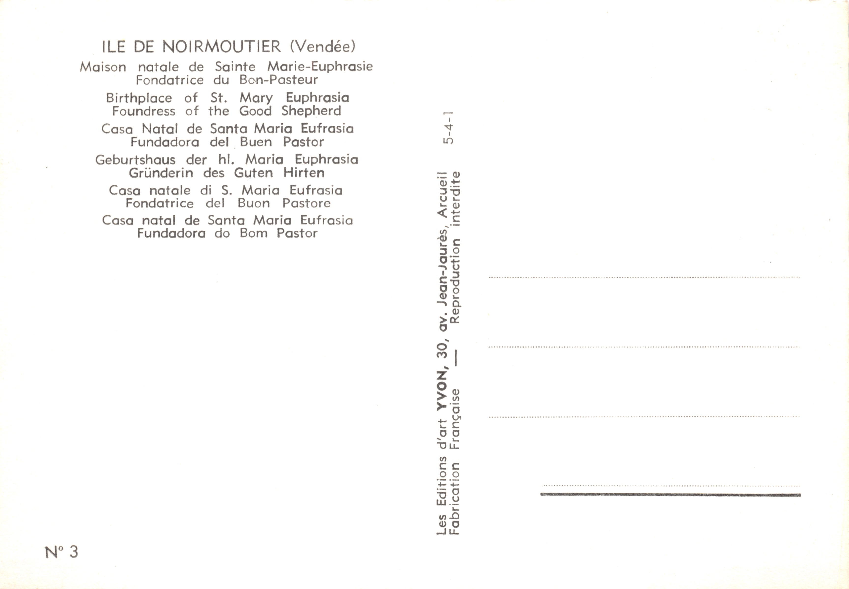 Ile de Noirmoutier — Geboorteplaats van Sainte Marie-Euphrasie, stichter van het Bon Pasteur — Edities Jean-Jaurès — Achterkant