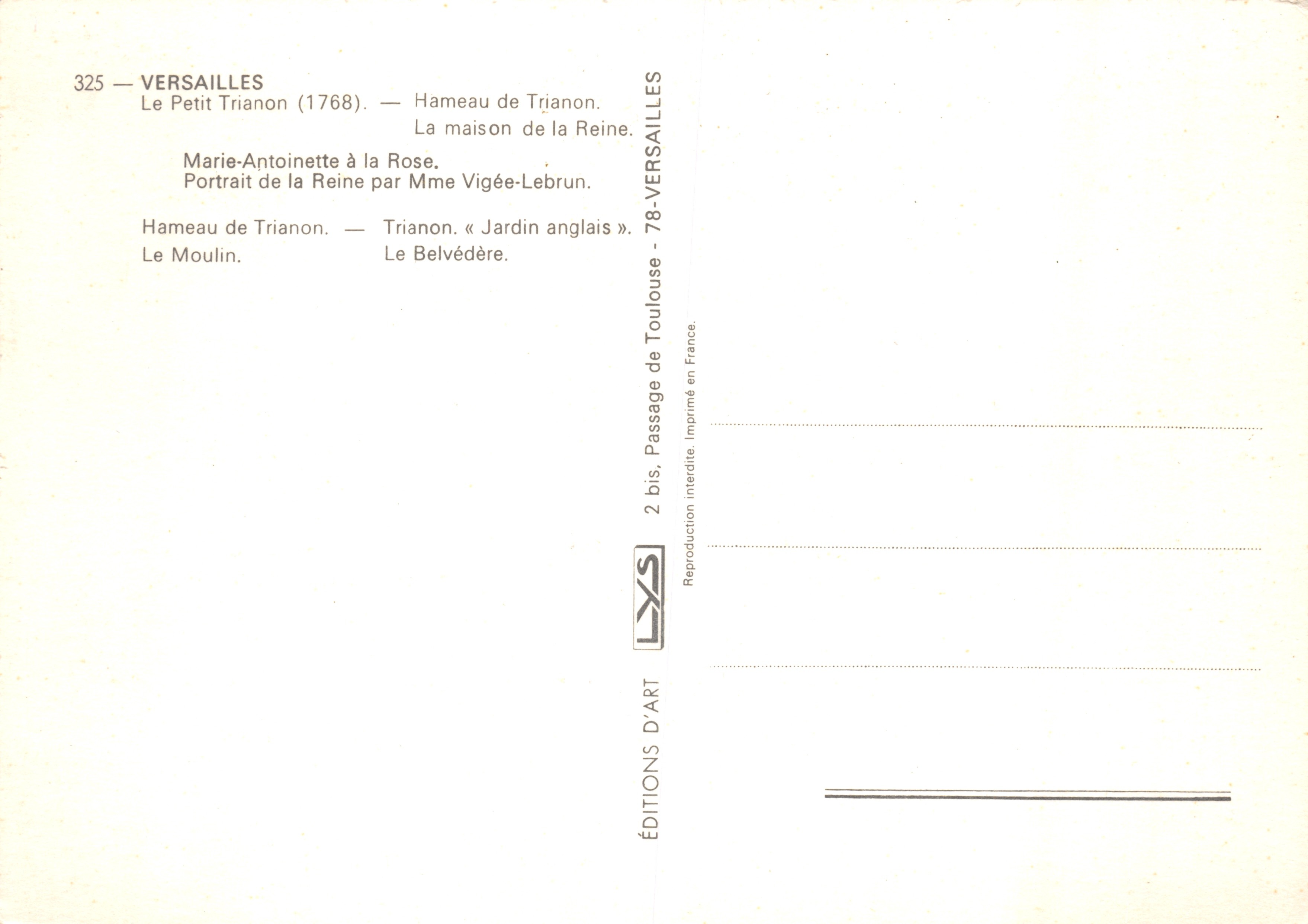 Versalles — El Pequeño Trianon (1768), el Pueblo de Trianon, Marie-Antoinette con la Rosa, Jardín Inglés, El Belvedere, La Molina — Editions d'Art — Reverso