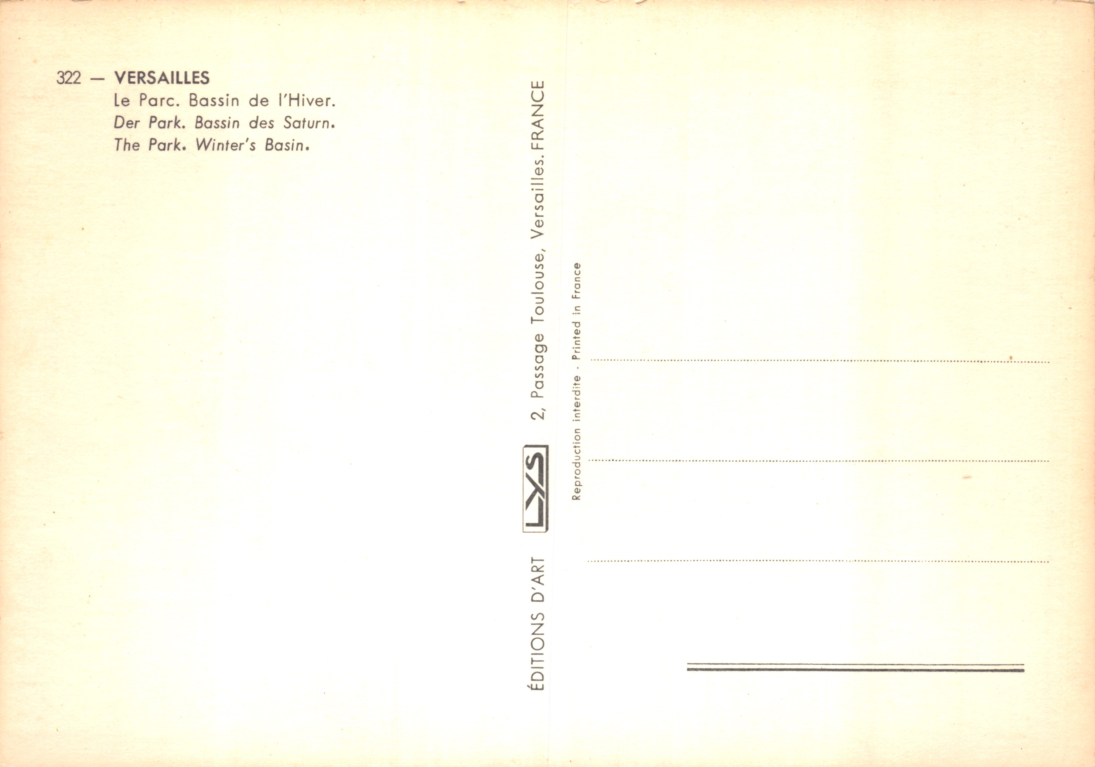 Versailles — Bassino d'Inverno — Editions d'Art — Verso