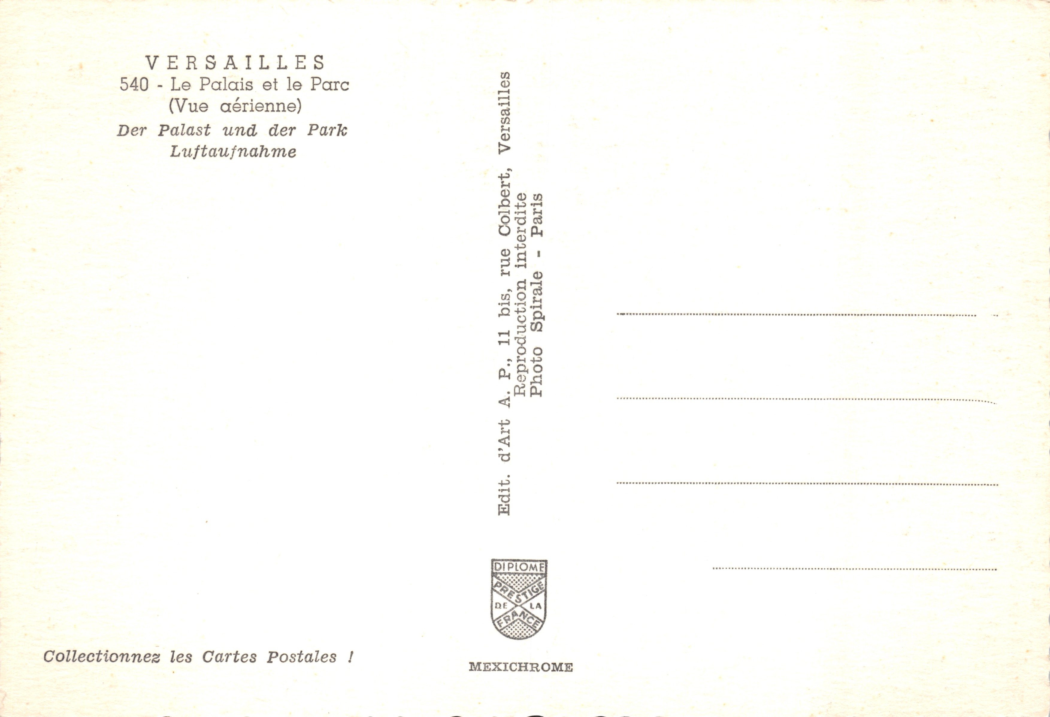 Versailles — Vista aerea del castello e del parco — Editore: Diplôme de l'Espace — Verso