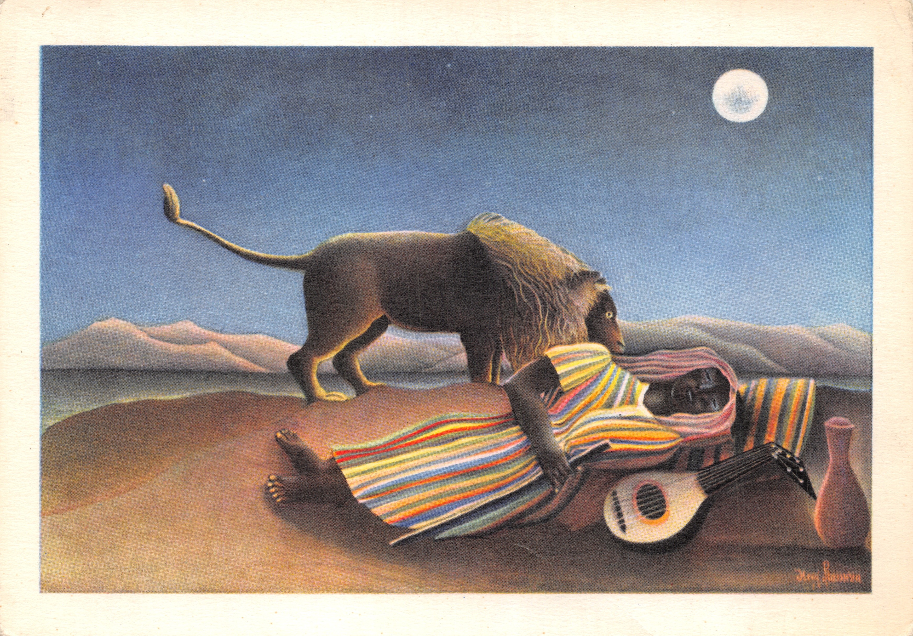 Lione e musicista addormentata — scena notturna con luna — editore Fernand Hazan, n° 375