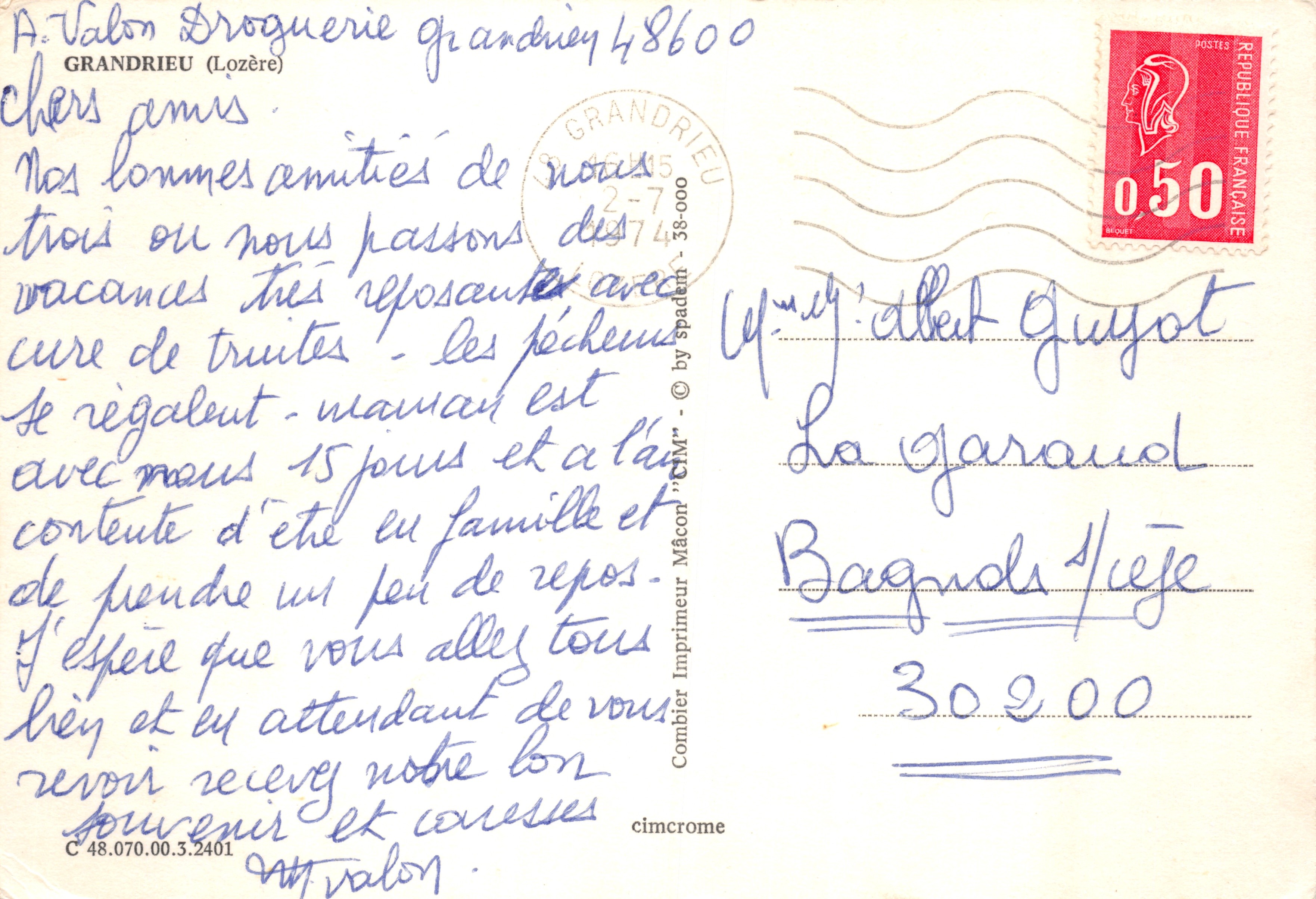 Grandrieu — vue de la chapelle, du village et du cours d'eau — Imprimerie Mâcon — Verso