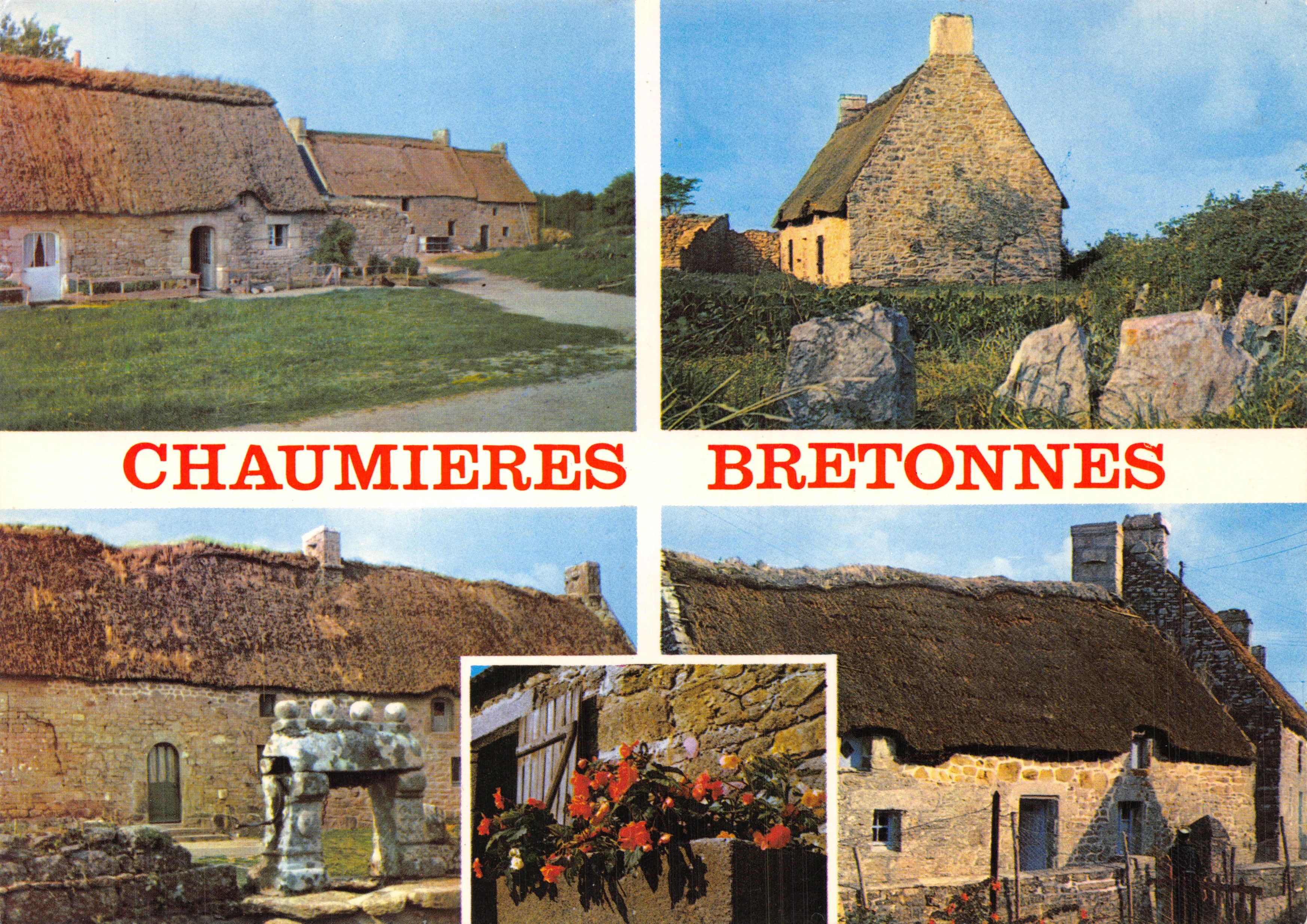 Chaumières Bretonnennes — maisons à toits de chaume et pierres — éditeur Combier Imprimeur Mâcon