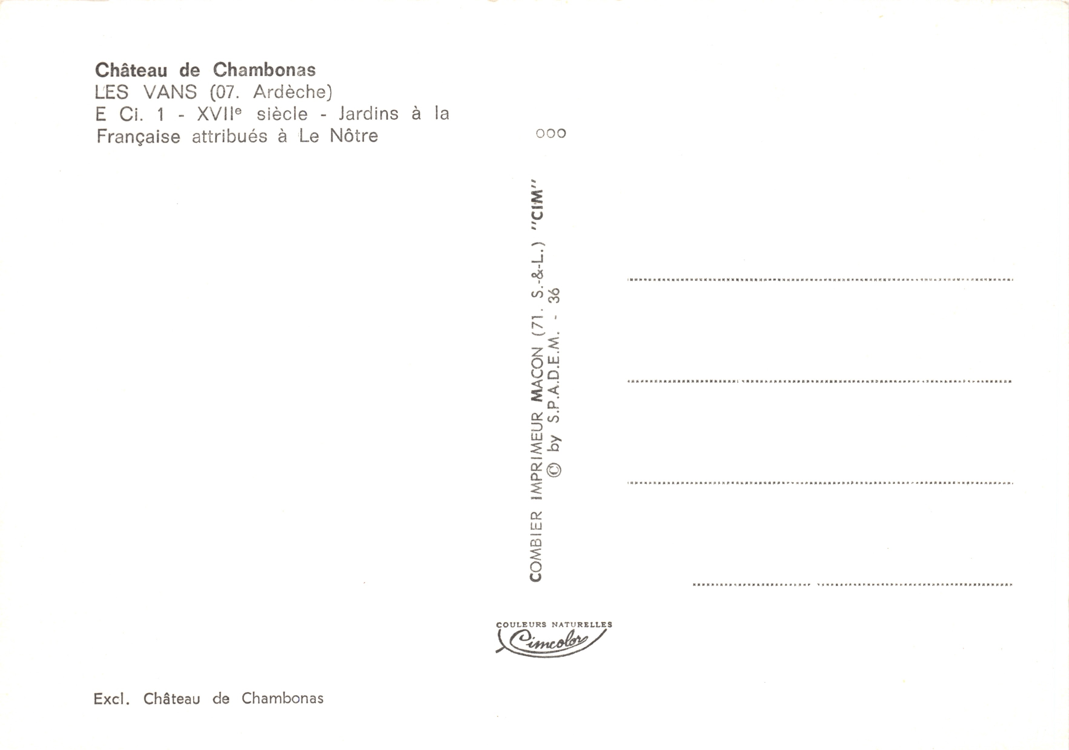 Castillo de Chambonas — vista del castillo con jardines — editor Combier Imprimeur Mâcon — Reverso