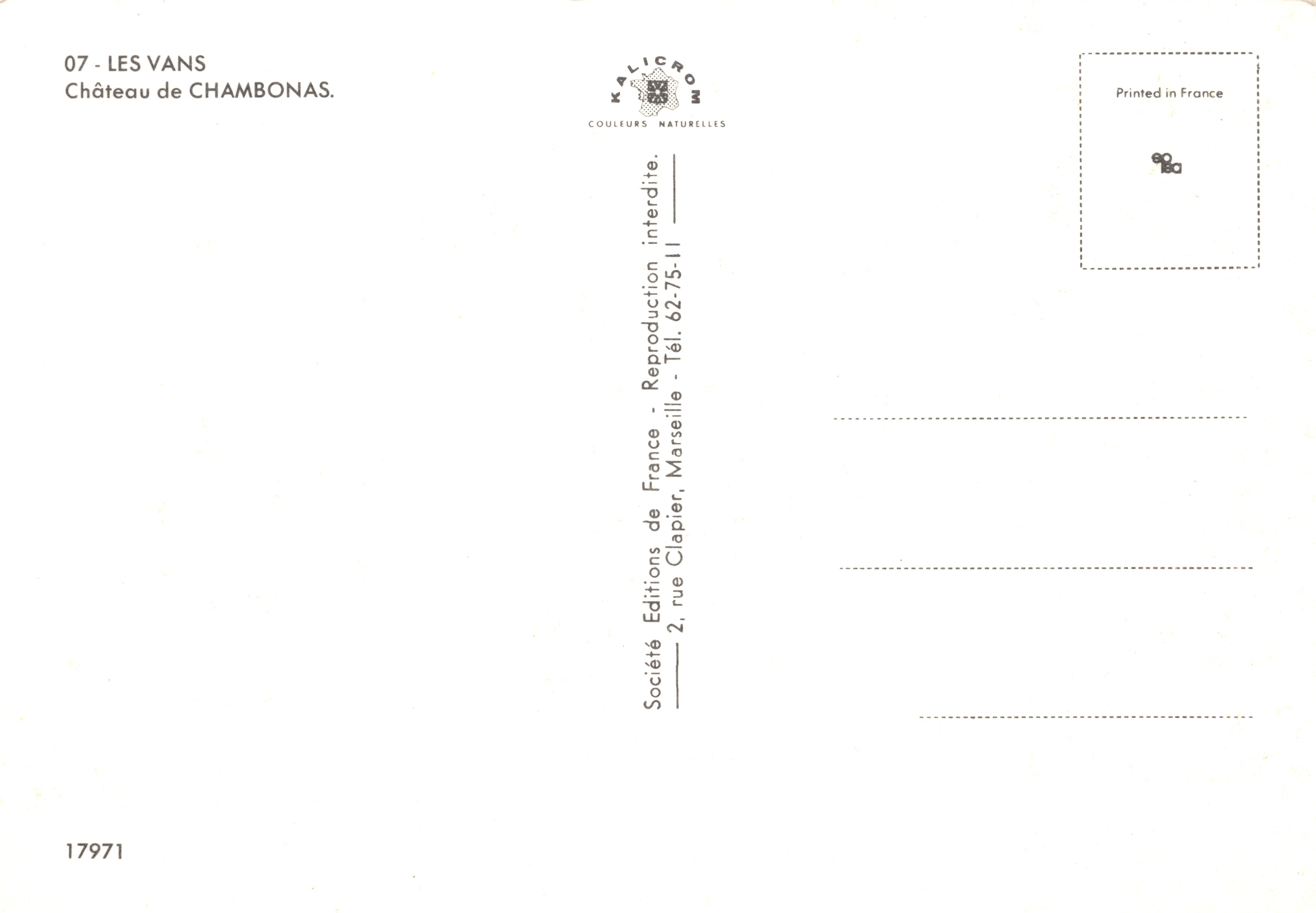 Château de Chambonas — vista del castello con due torri coniche — editore KALICRON — Verso