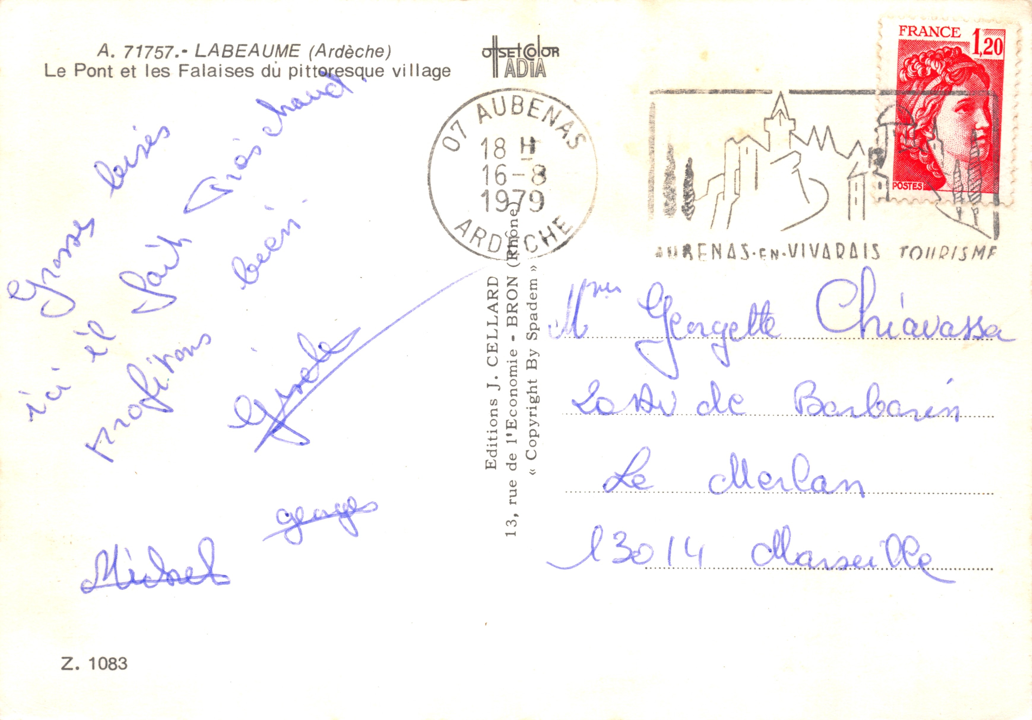Labeaume — vue panoramique des falaises, du pont et du village — Éditions J. Cellard — Rückseite