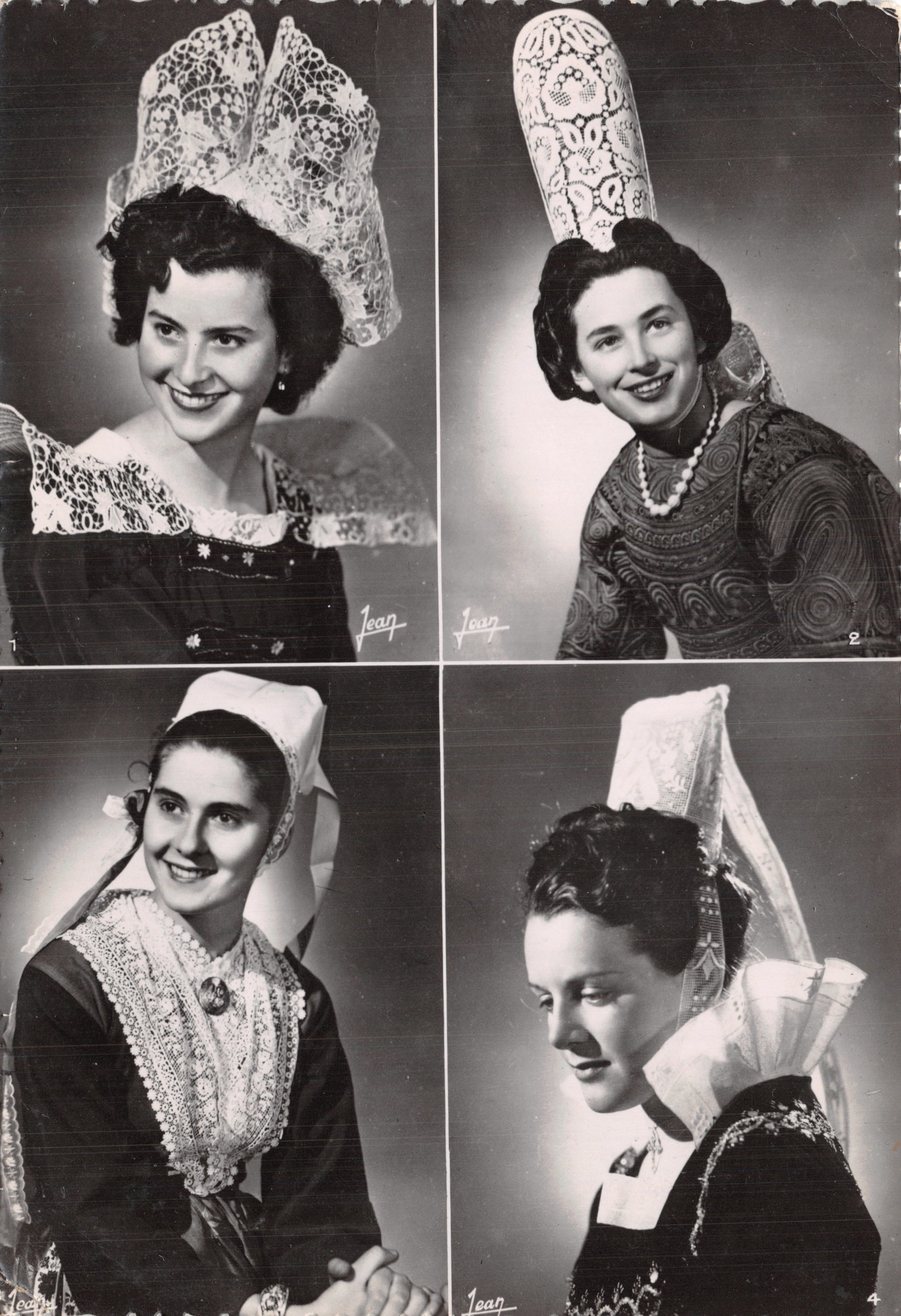 Quatre costumes bretons — Fougères, Pont-l'Abbé, Plougasnét-Daoulas, Quimper — éditeur Jean