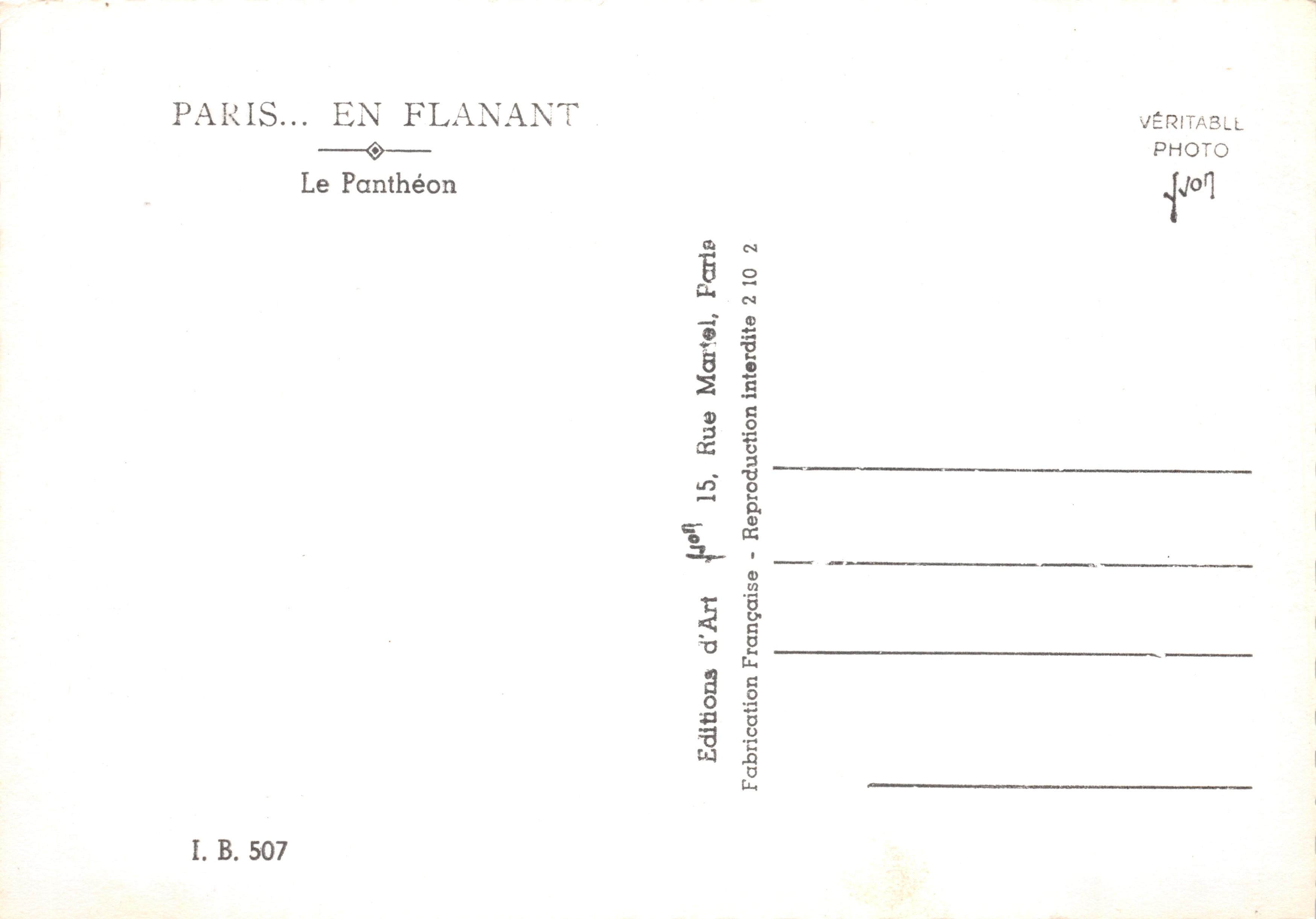 Le Panthéon — vue de face avec colonnade et dôme — Éditions d'Art Paris... En Flanant, n° I.B. 507 — Back