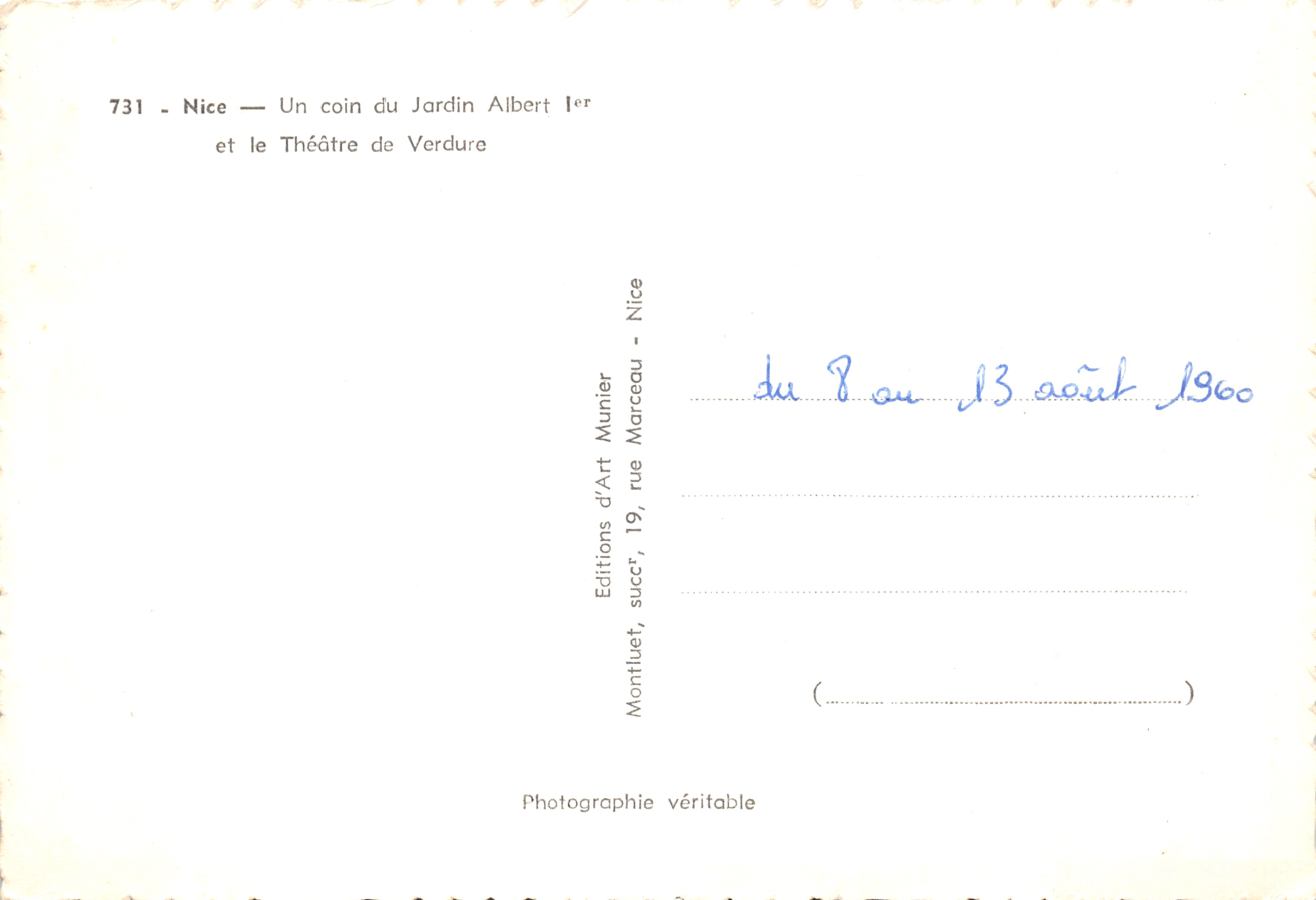 Nice — Parco Albert I e Teatro della Verdure — Munier — Verso