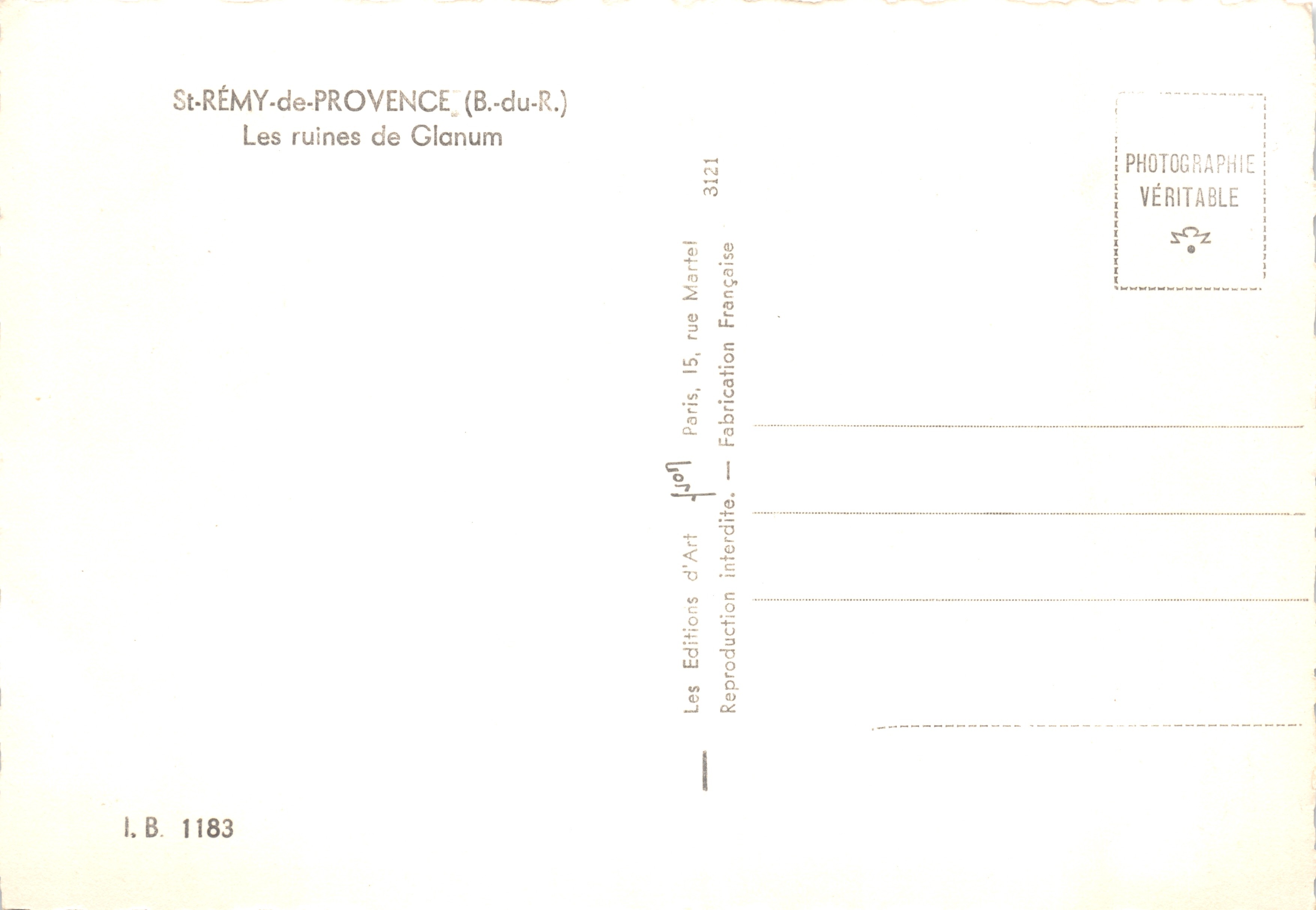Les ruines de Glanum — site antique en Provence — Éditions Martel, n° 3121 — Verso
