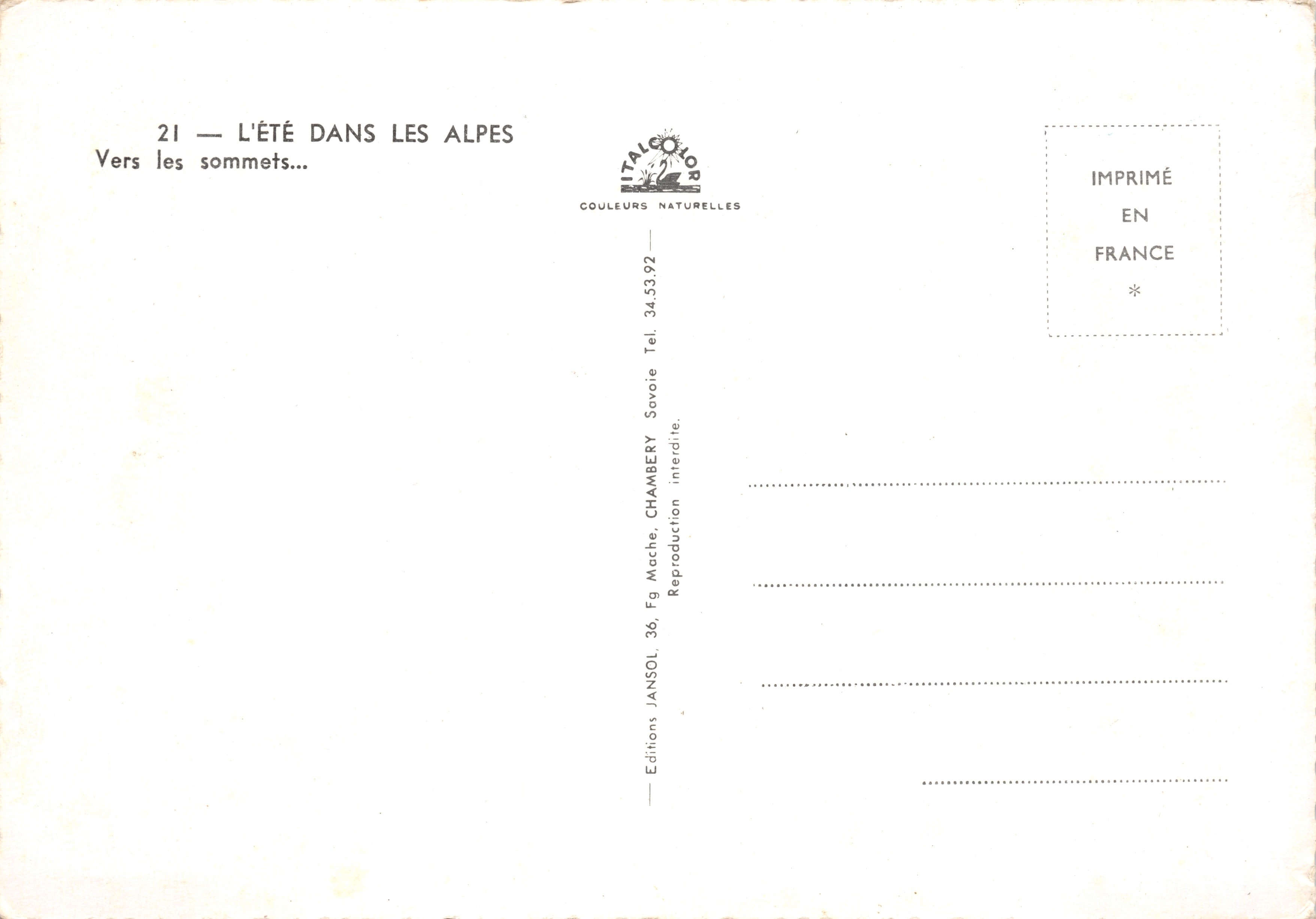 Croix sur un sommet alpin — vue des Alpes avec glaciers — éditeur Editions JANSOL, Chambery — Verso