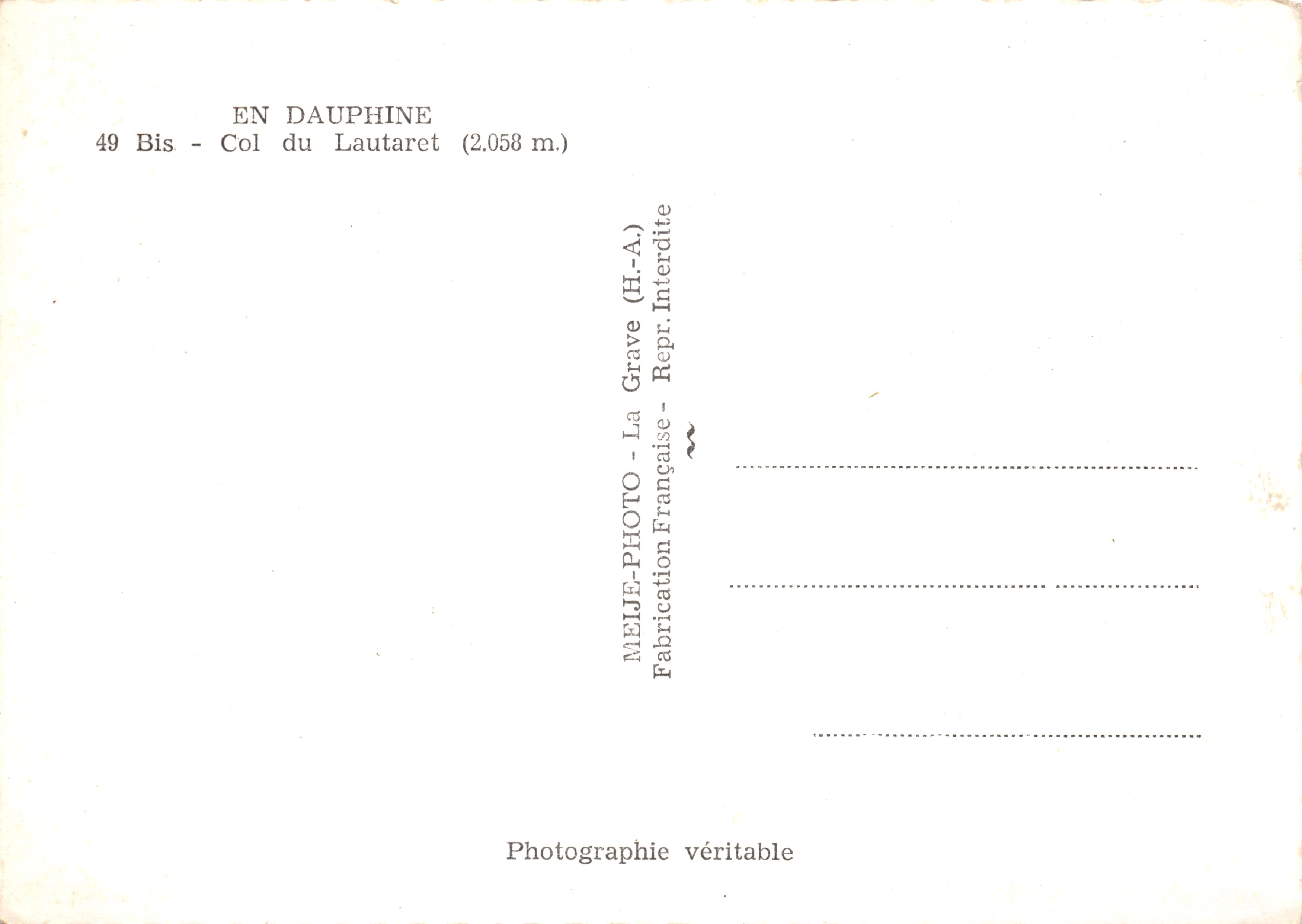 Le Col du Lautaret — panoramisch uitzicht met kapel en geiten — uitgever MEIJE-PHOTO, n° 49 Bis — Achterkant