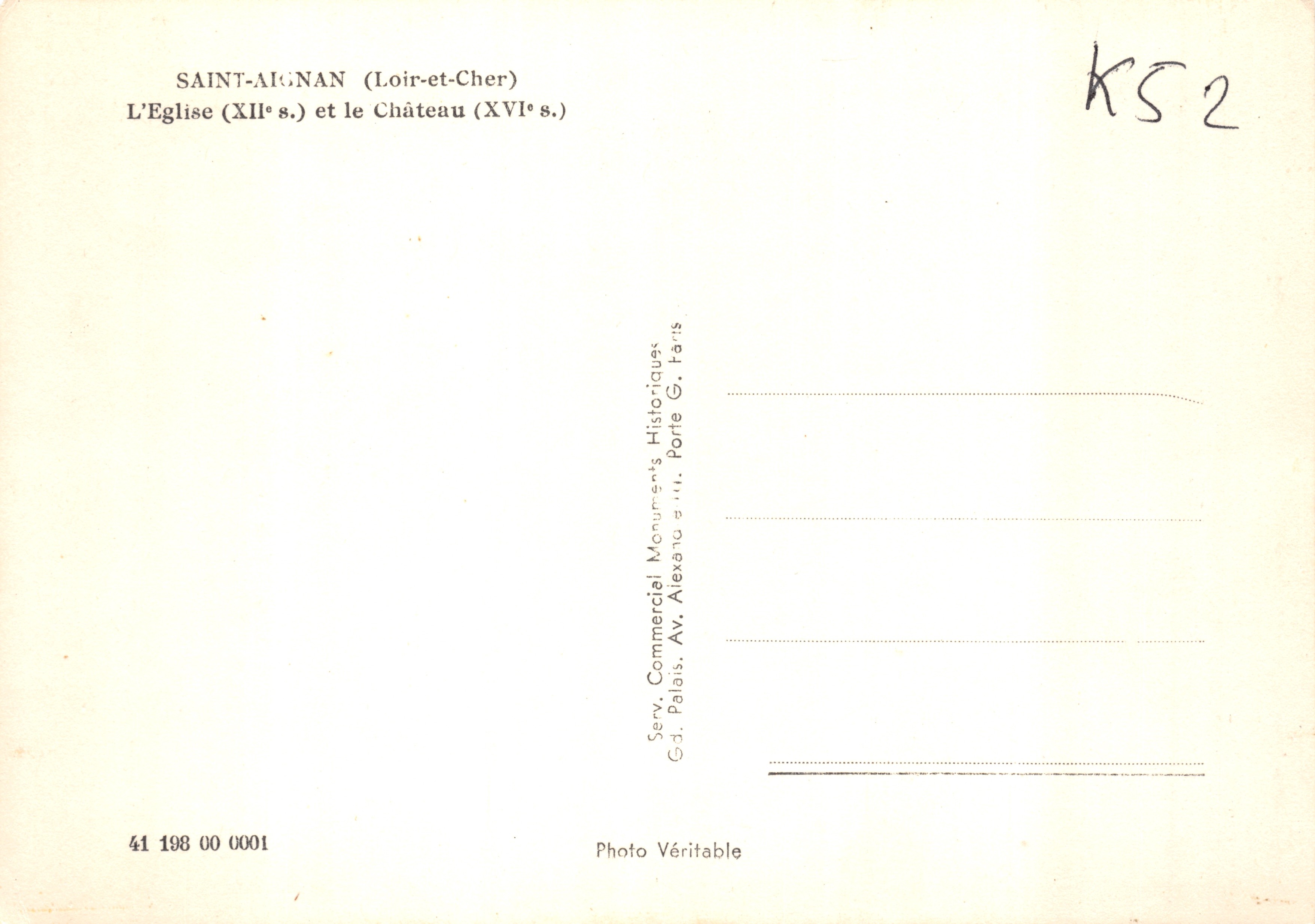 Saint-Aignan (Loir-et-Cher) — Église du XIIe siècle et Château du XVIe siècle — Serv. Commercial Monuments Historiques, Paris — Verso