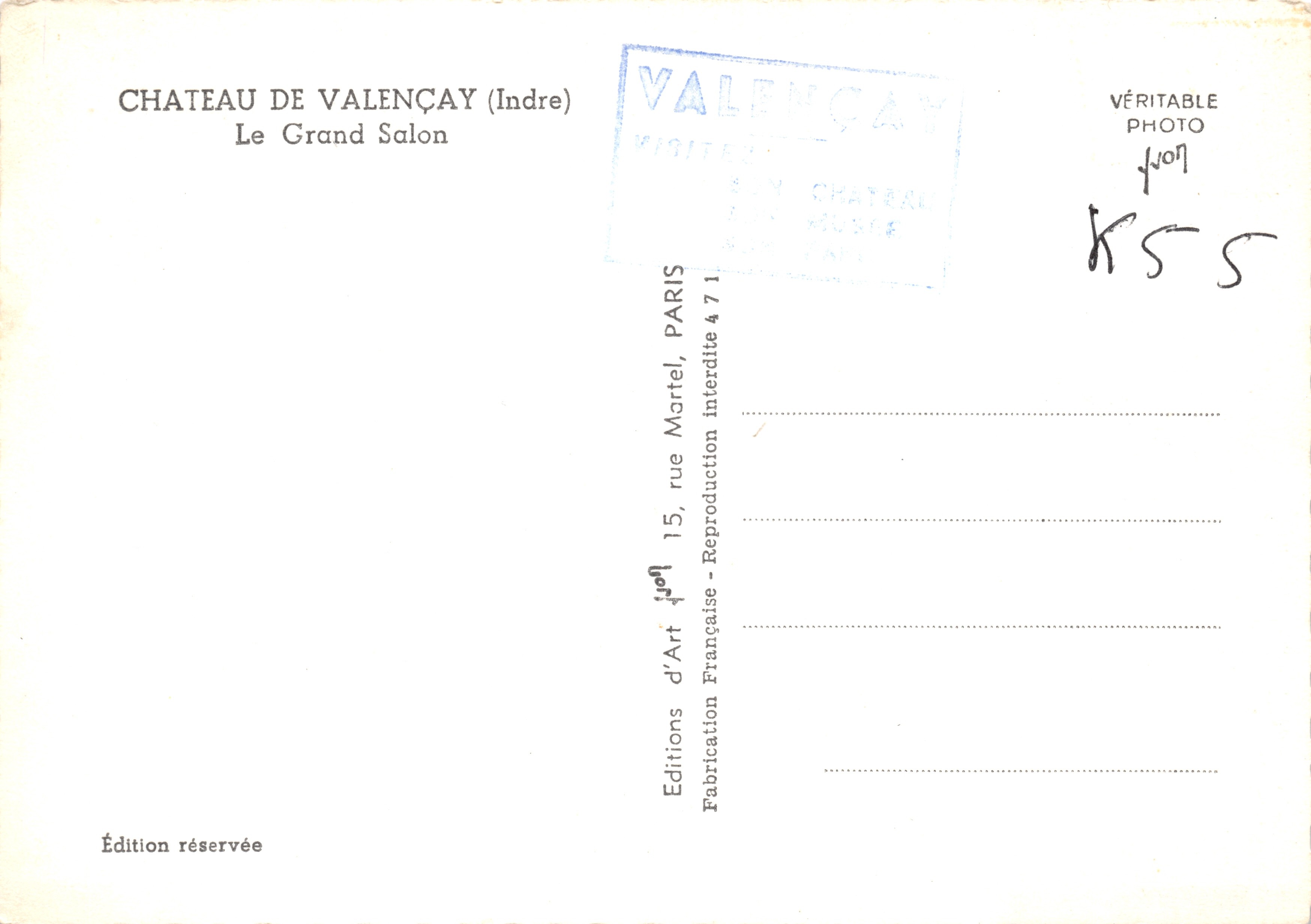 Château de Valençay (Indre) — Le Grand Salon — Éditions d'Art Martel, Paris — Verso