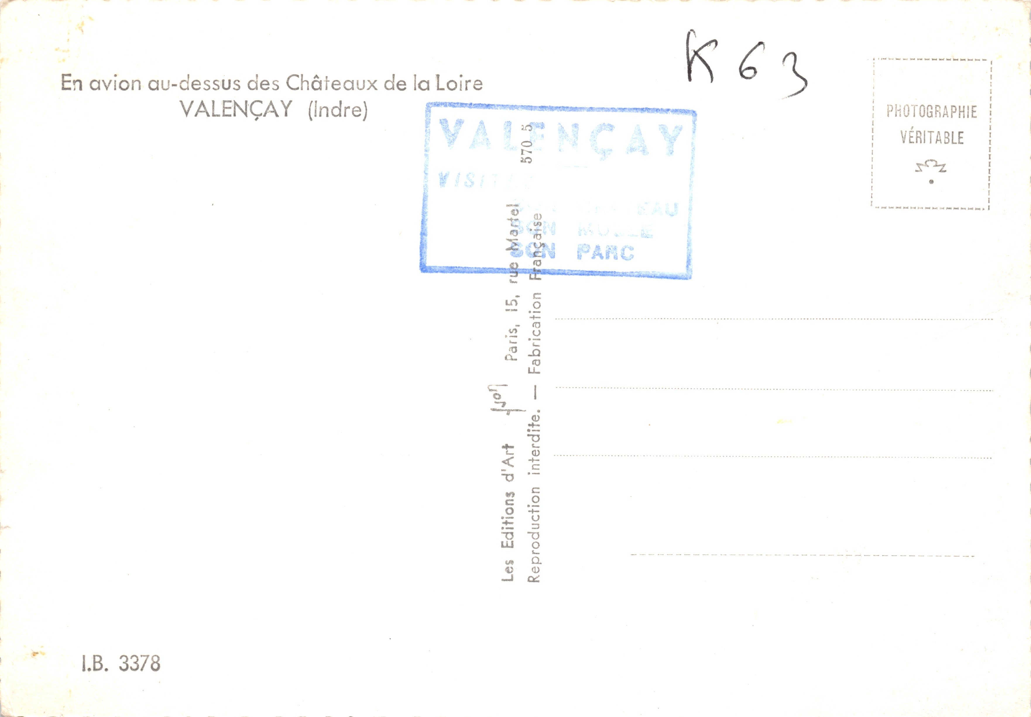 Château de Valençay — luchtfoto — Éditions Valençay — Achterkant