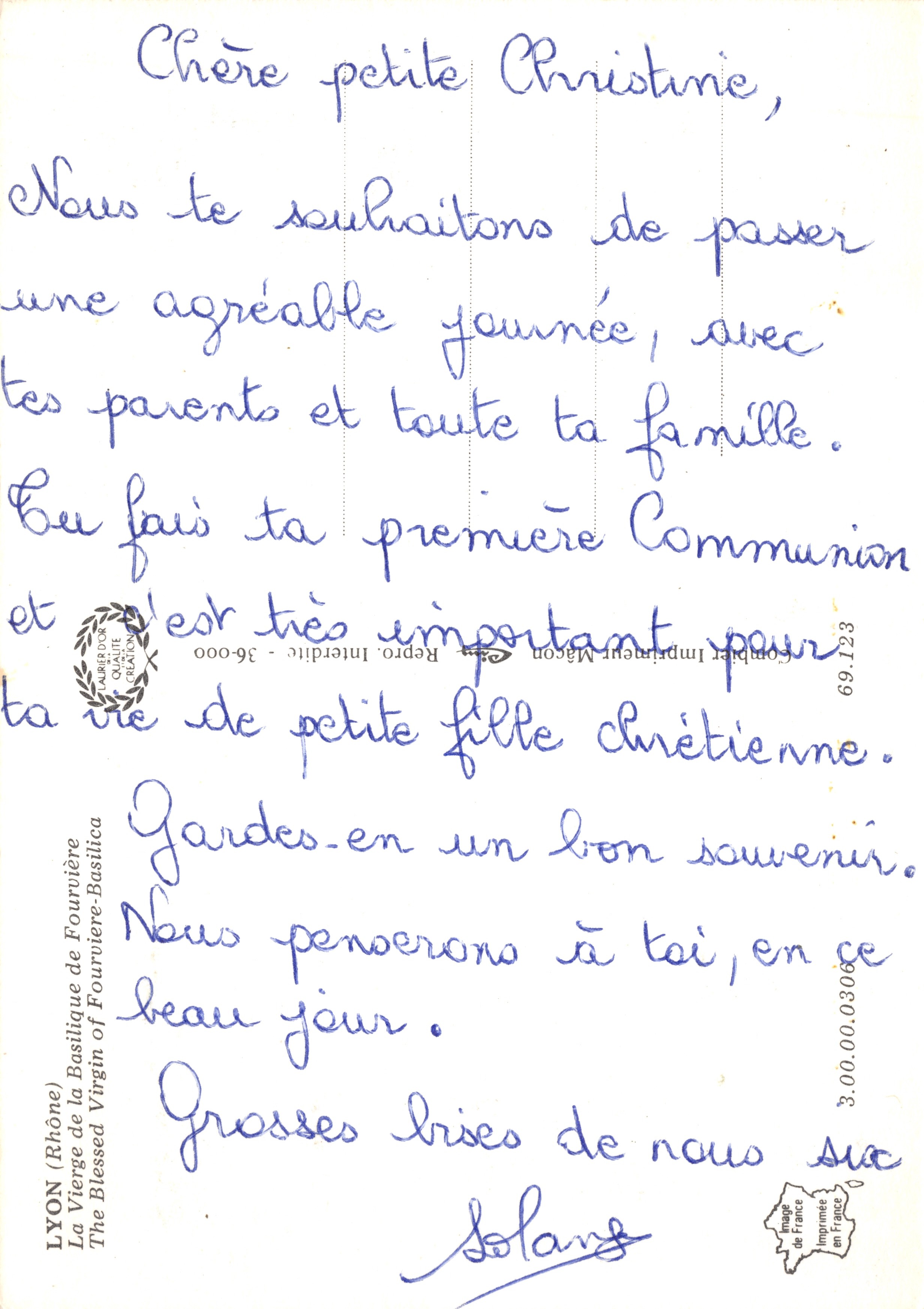La Vierge de Fourvière — statue dorée sur le dôme de la basilique — éditeur Cim — Verso