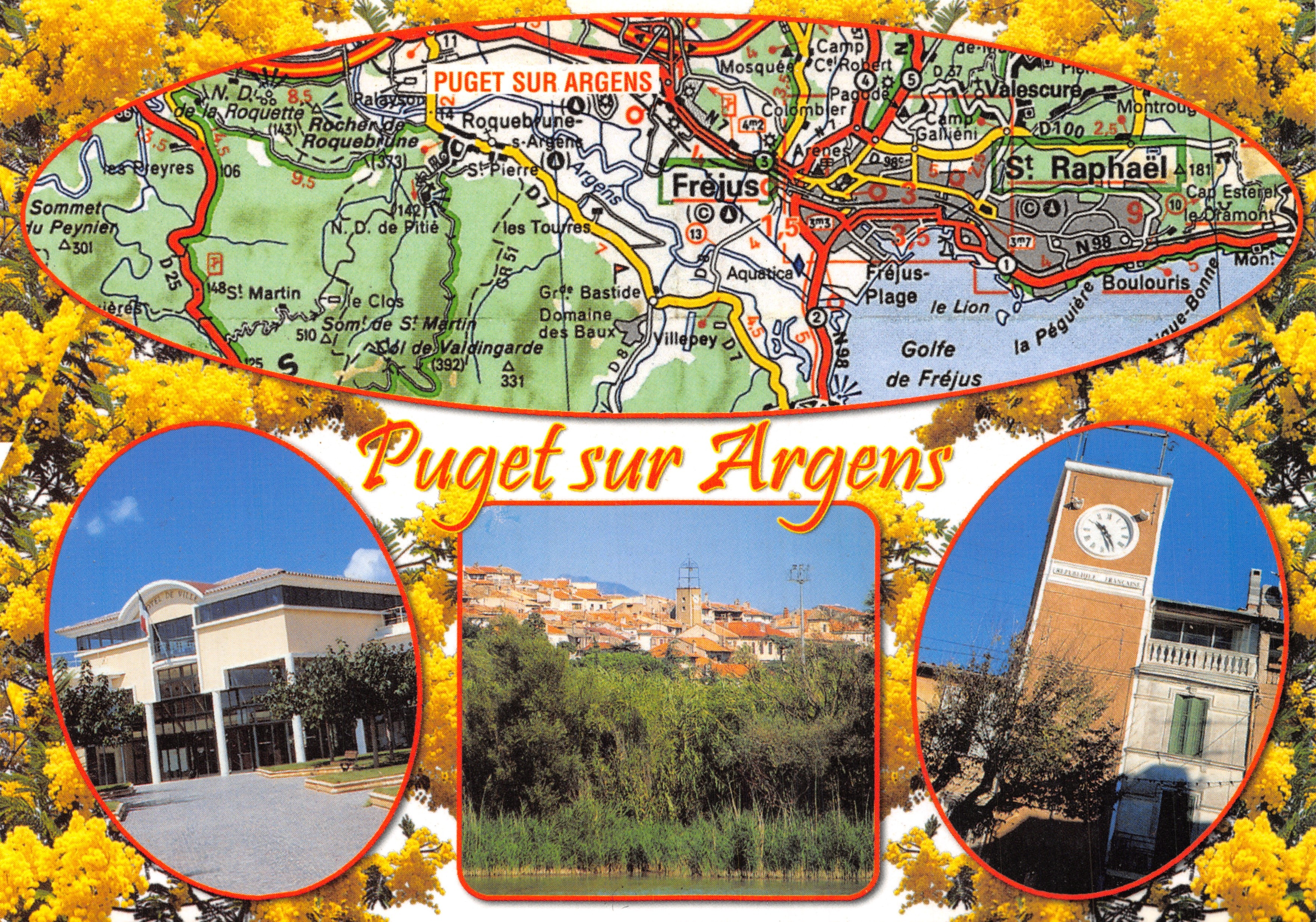 Puget sur Argens — Tarjeta turística con mapa topográfico y tres fotos — Éditions Florian Mistral