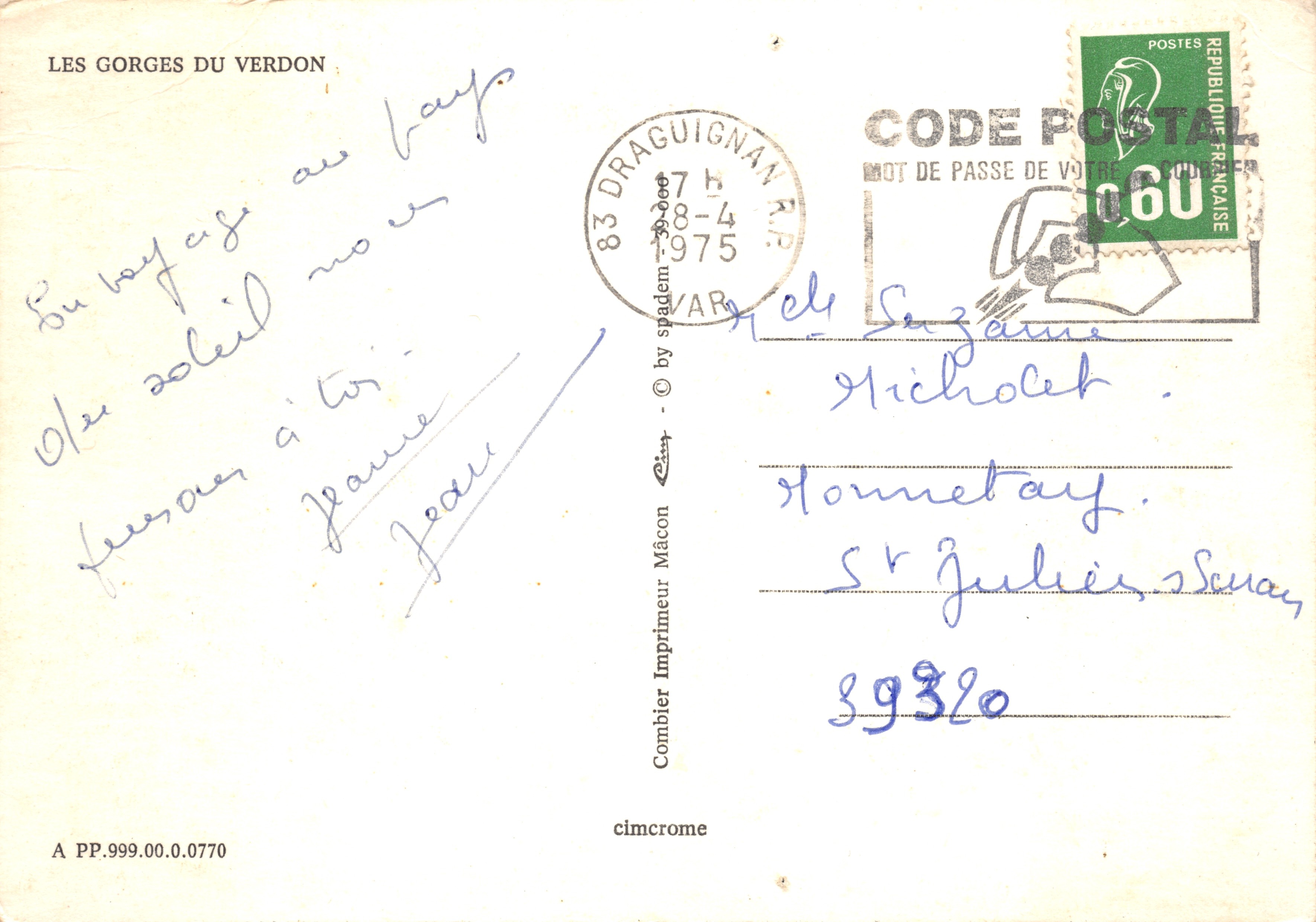 De Grotten van het Verdon — uitzicht op de watervallen en de grot — drukker Combier, n° A PP.999.00.0770 — Achterkant