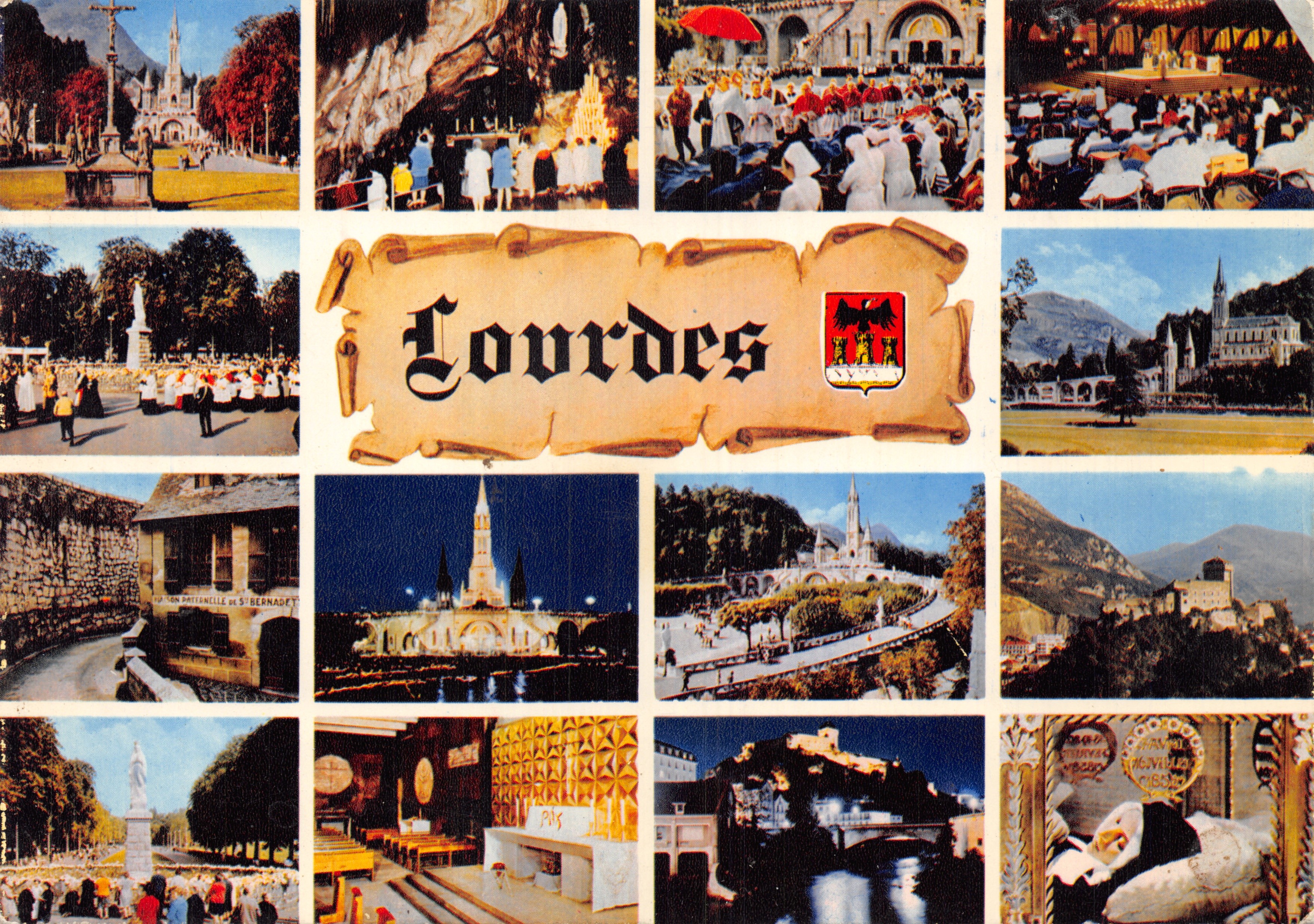 Lourdes — vista panoramica con edificio e processione — Imprimeur Combière, n° C 65.286.00.1780