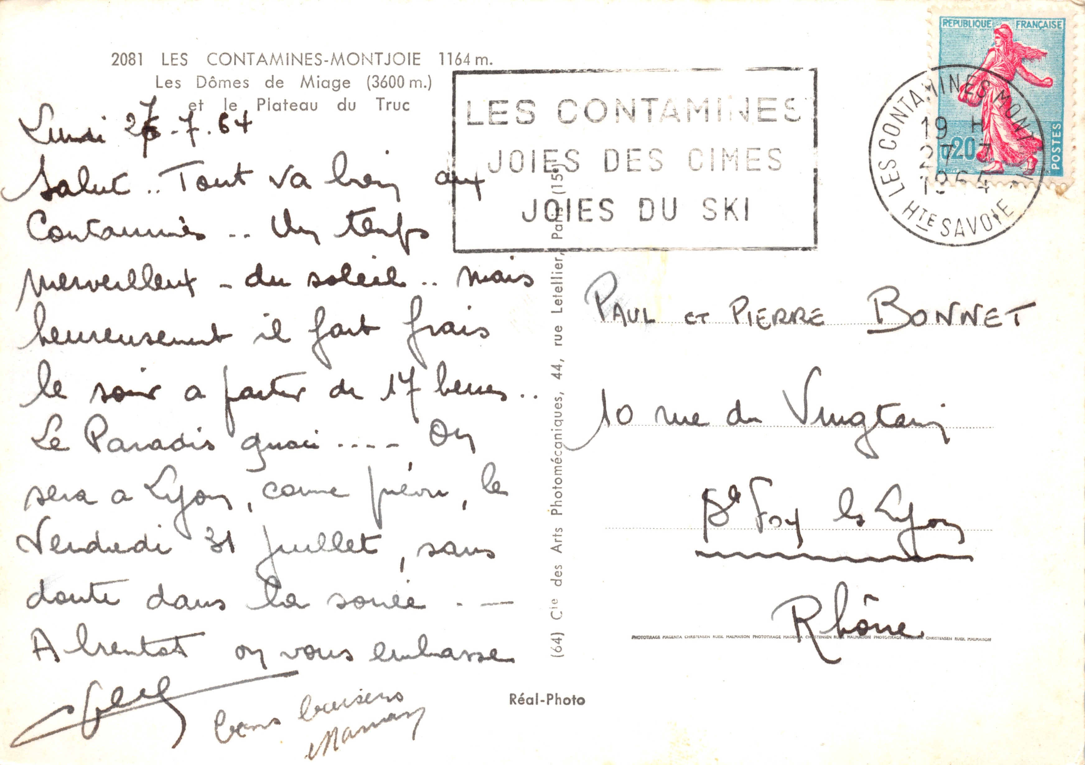Les Contamines-Montjoie — Los Dômes de Miage (3600 m) y el Plateau du Truc — Cie des Arts Photomécaniques, n° 2081 — Reverso