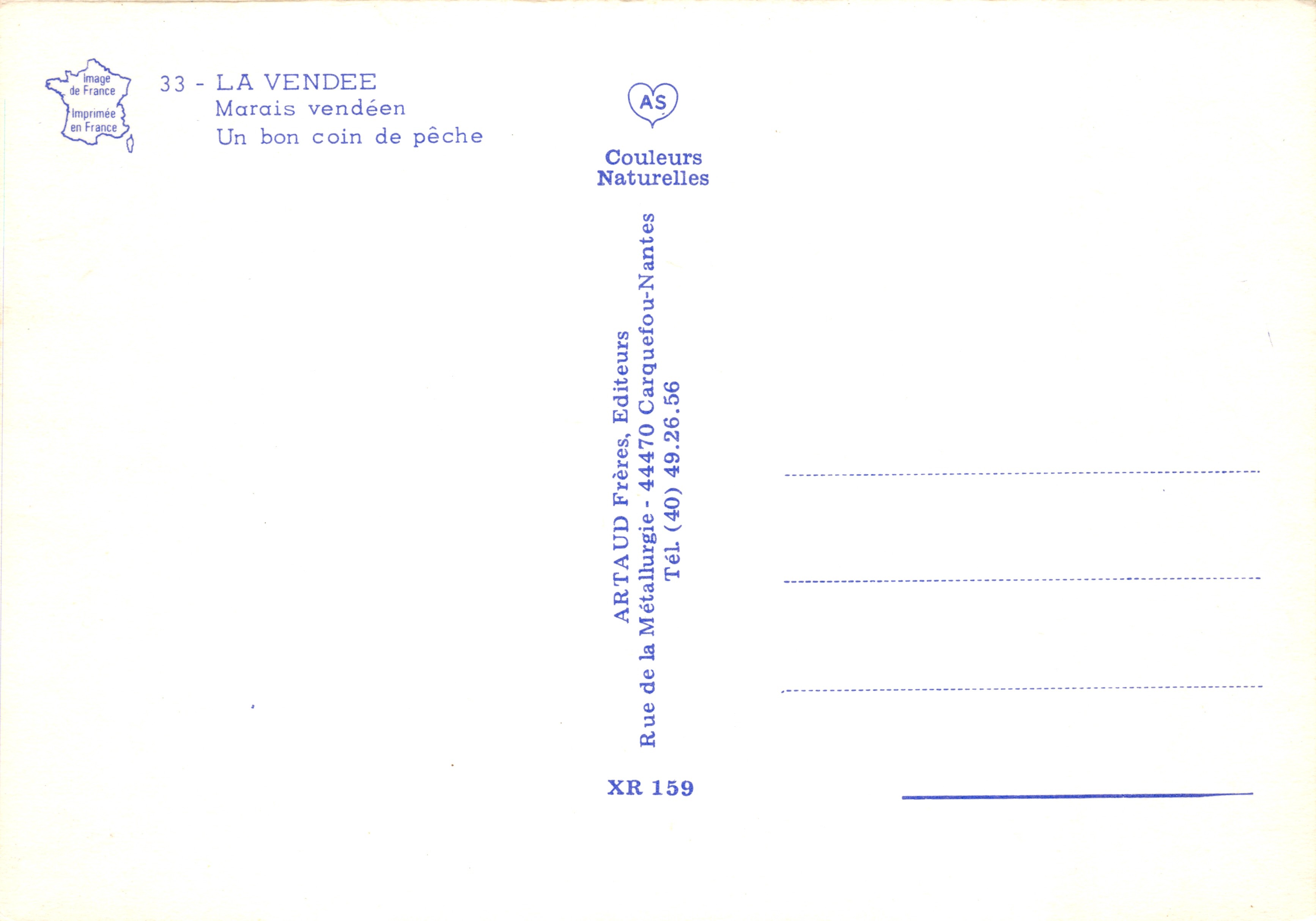 La Vendée — Marais vendéen, scène de pêche — éditeur ARTAUD Frères — Verso